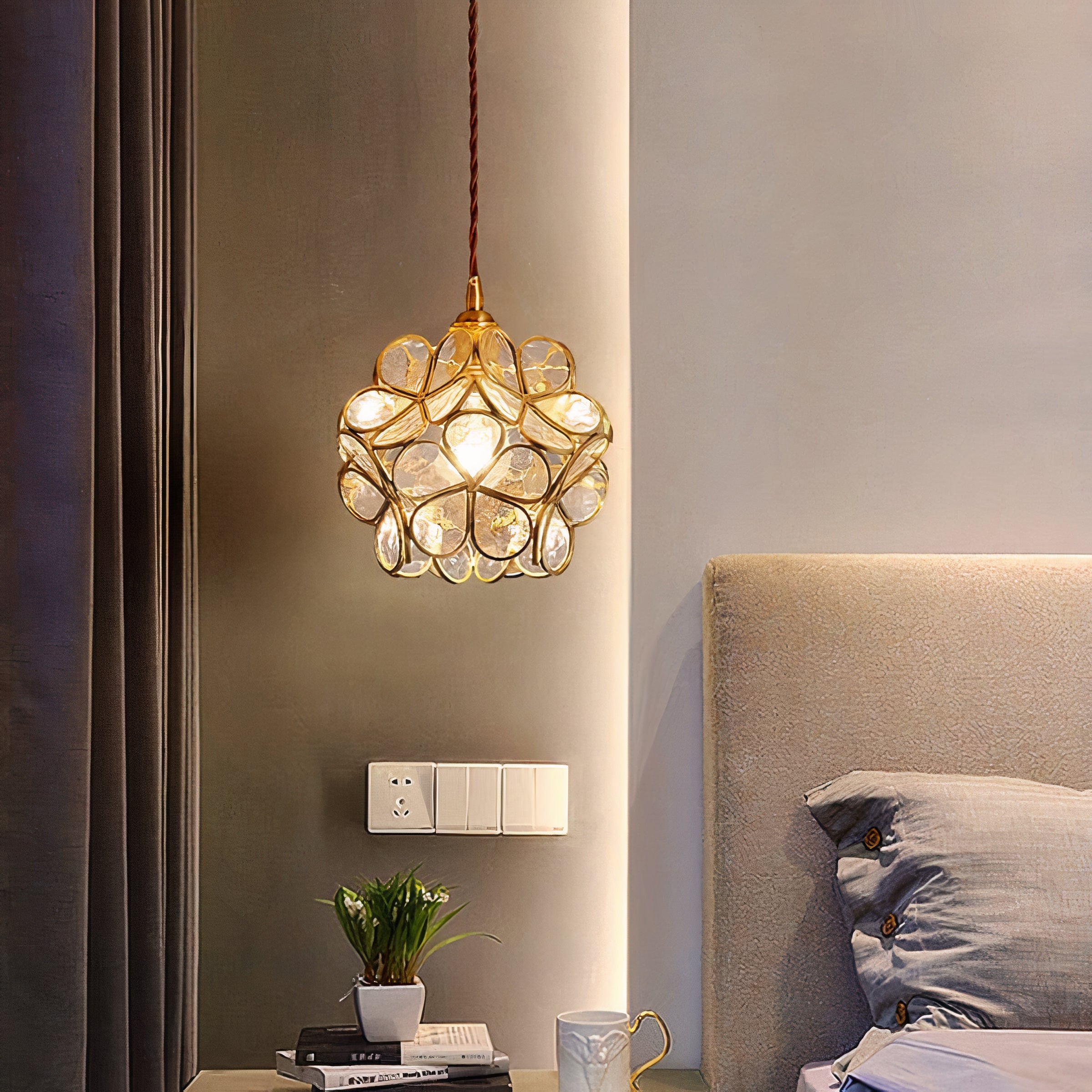 Floral Glass Pendant Light | Brass Frame, E27 Vintage Style