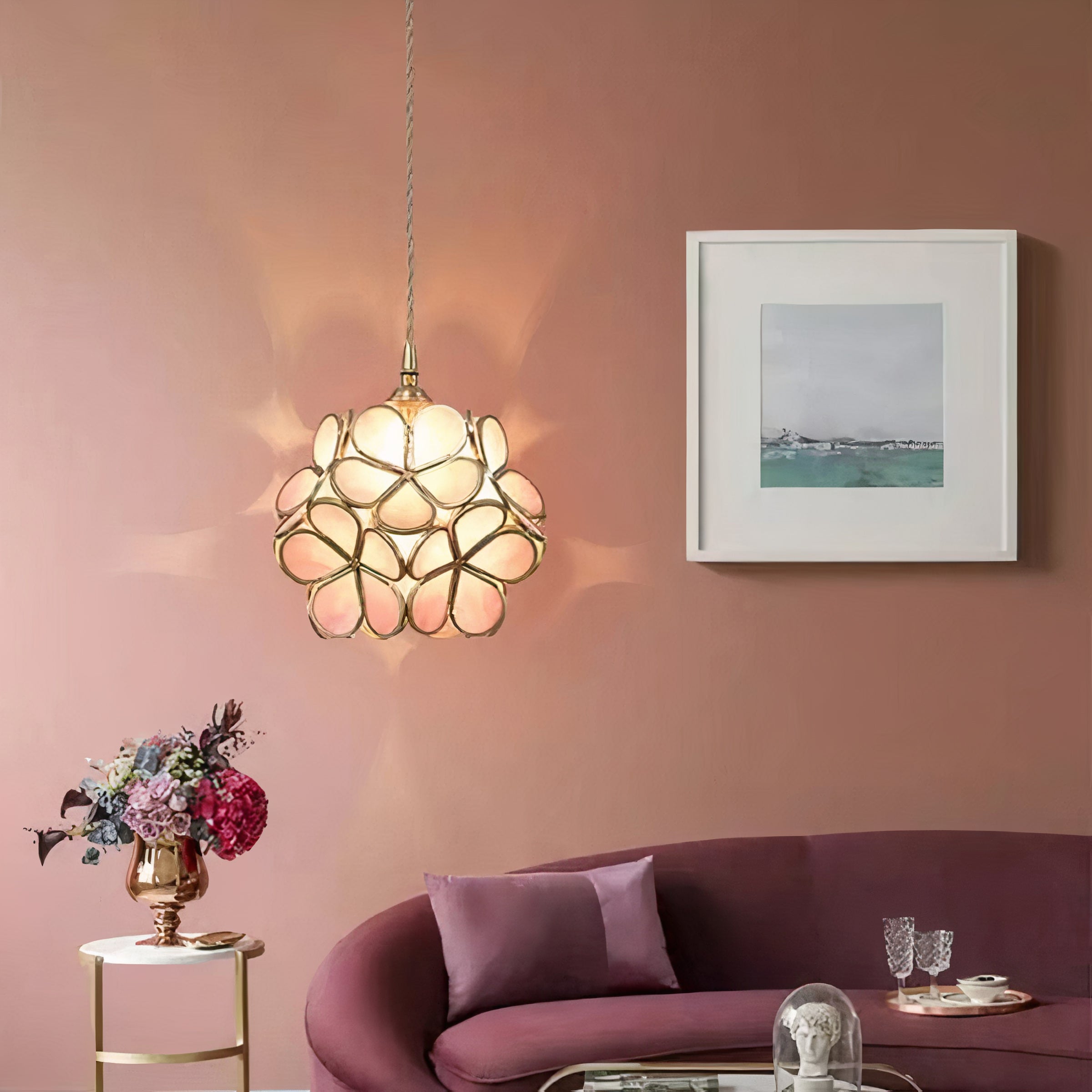 Floral Glass Pendant Light | Brass Frame, E27 Vintage Style