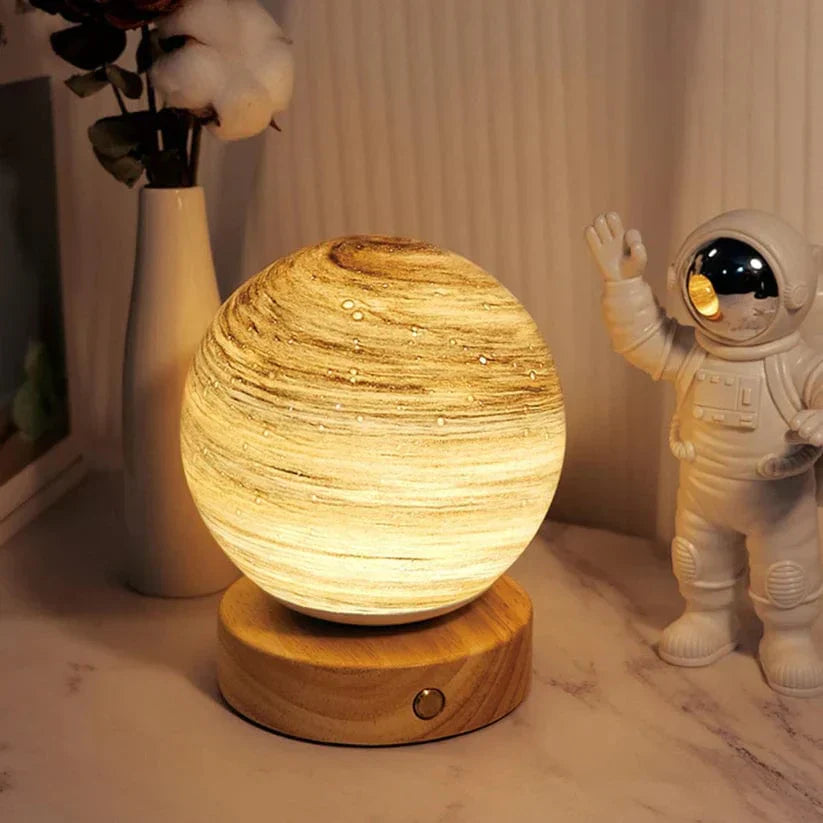 Moon Glass Table Lamp | Dimmable LED, Wood Base, USB