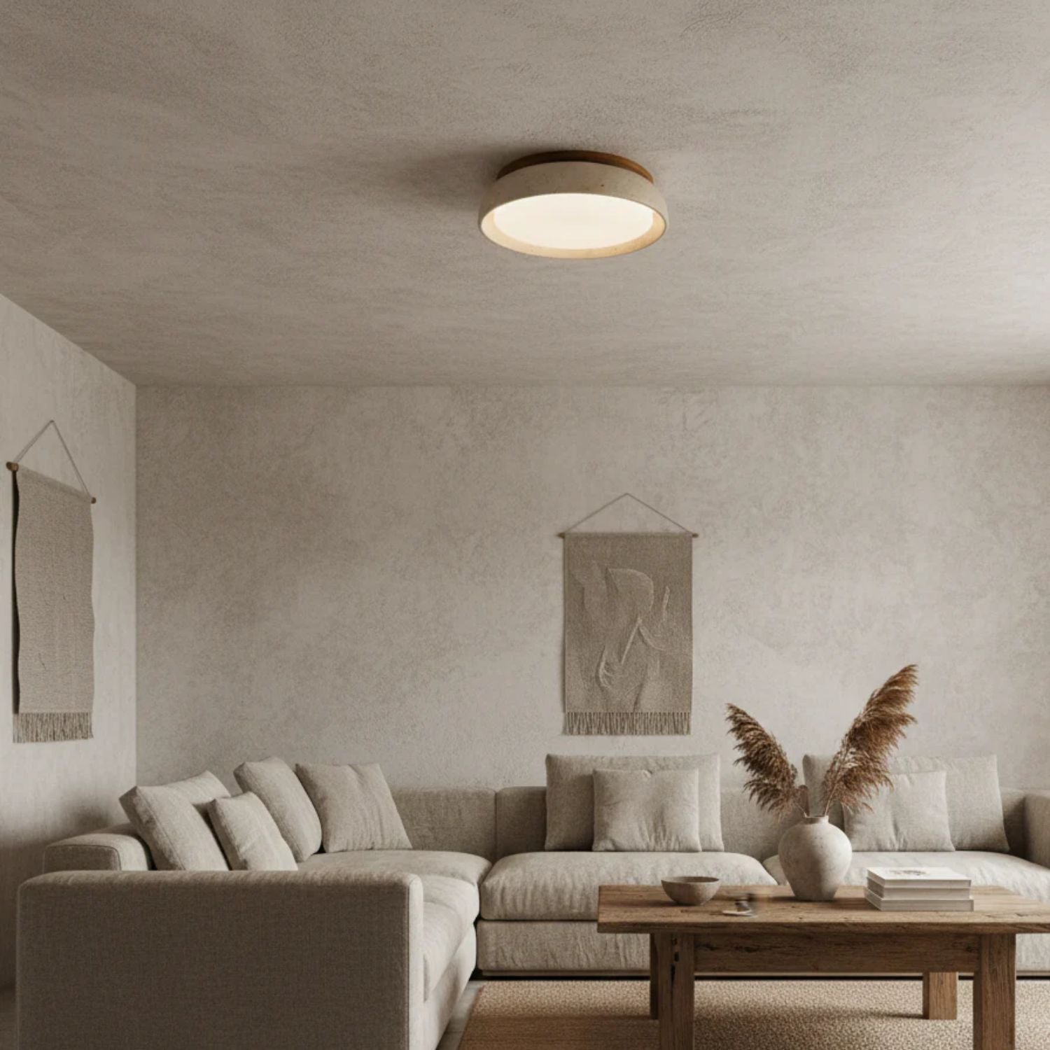 Travertine and Wood Ceiling Light | Japandi Style, 3000K Warm White