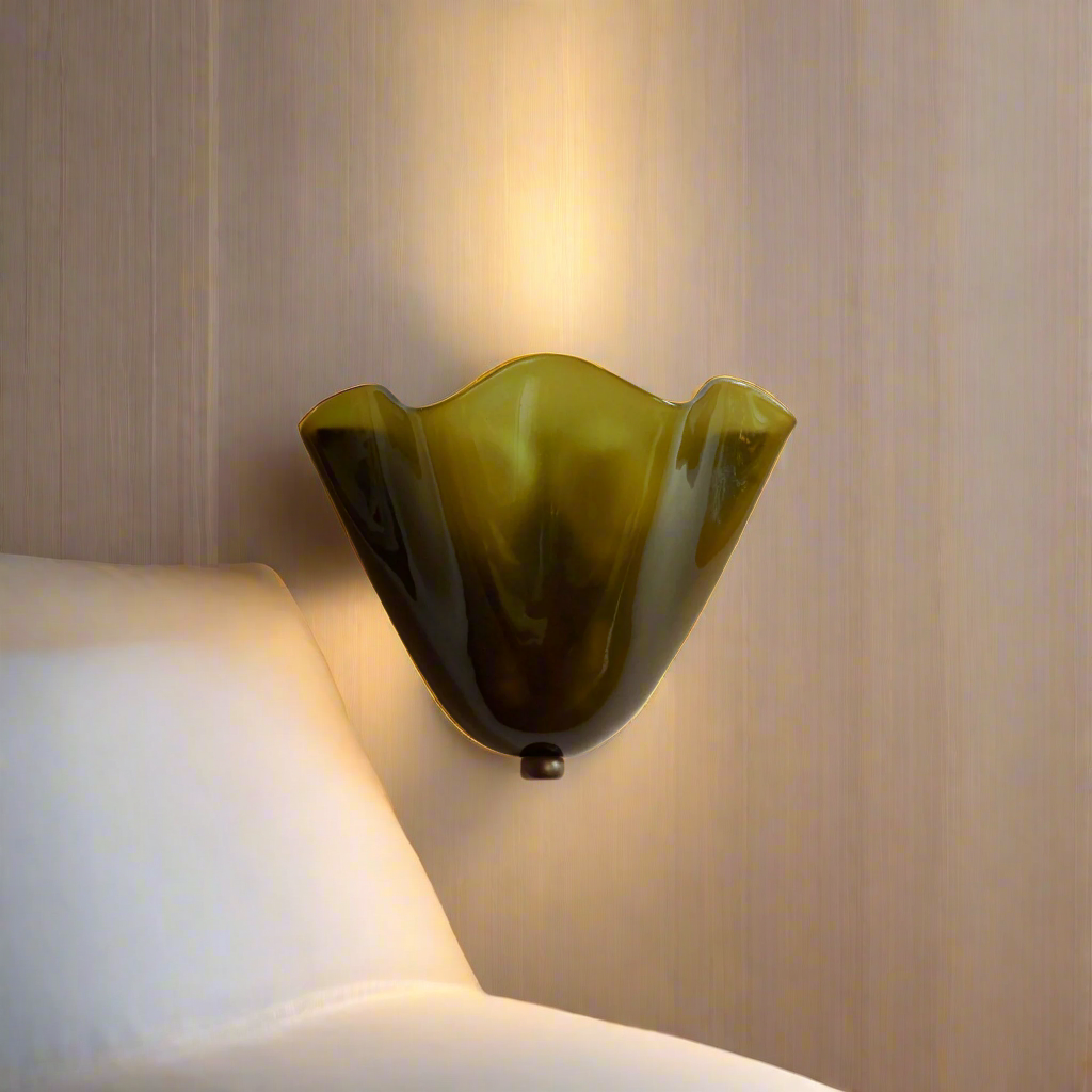 Retro Glass Shell Wall Sconce | French Art Deco Style, Iron Base