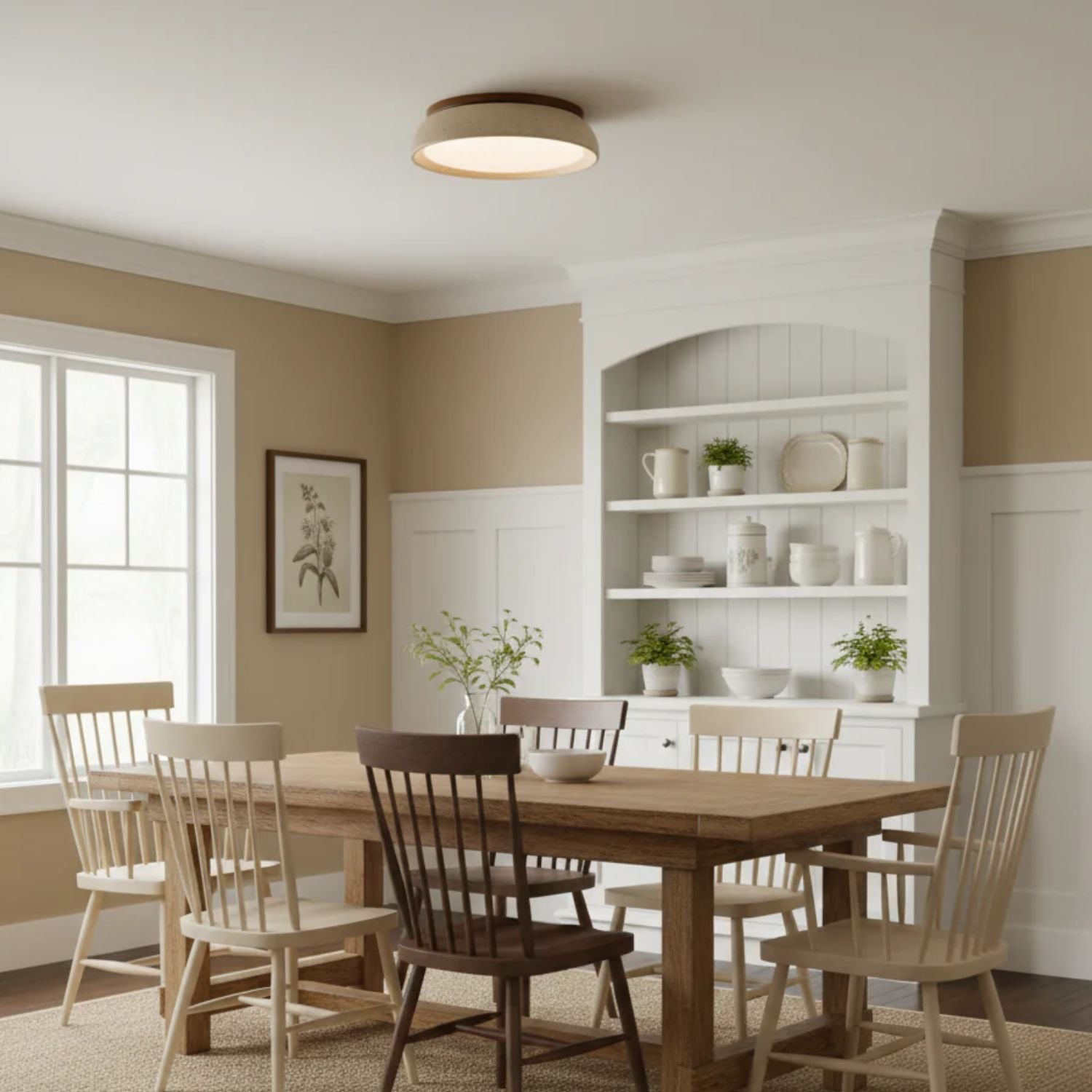 Travertine and Wood Ceiling Light | Japandi Style, 3000K Warm White