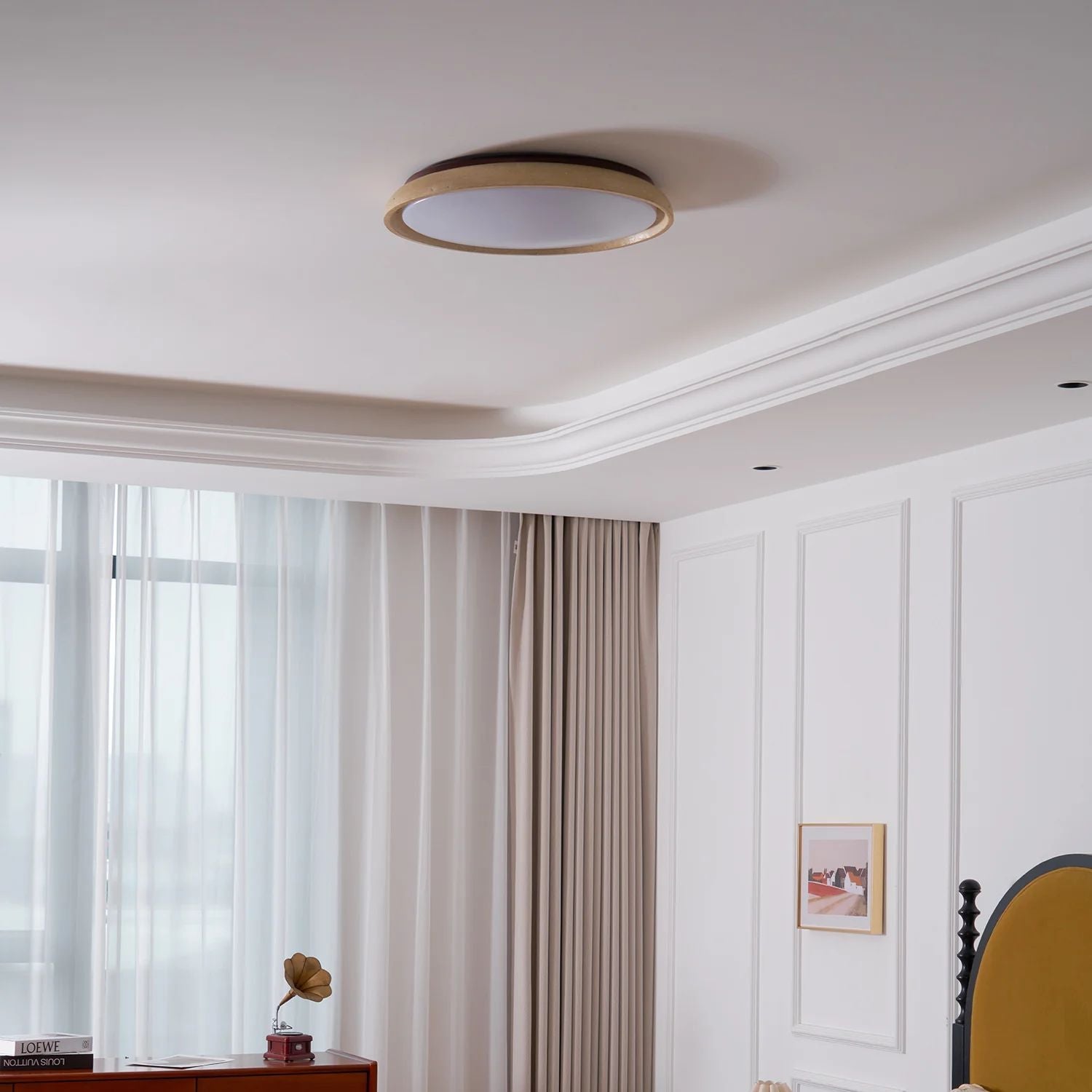 Travertine and Wood Ceiling Light | Japandi Style, 3000K Warm White