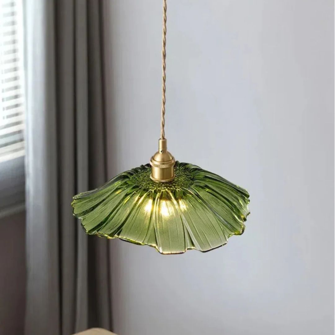 Ribbed Glass Pendant Light | Floral Form, Gold Fitting