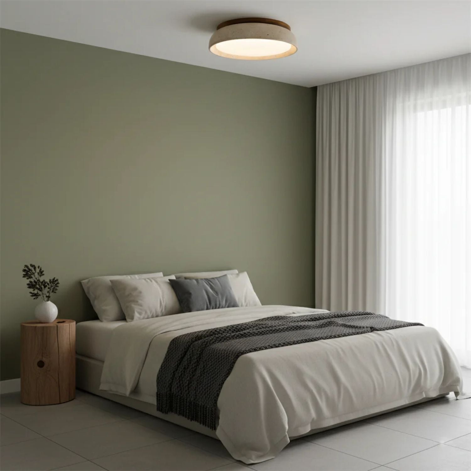 Travertine and Wood Ceiling Light | Japandi Style, 3000K Warm White