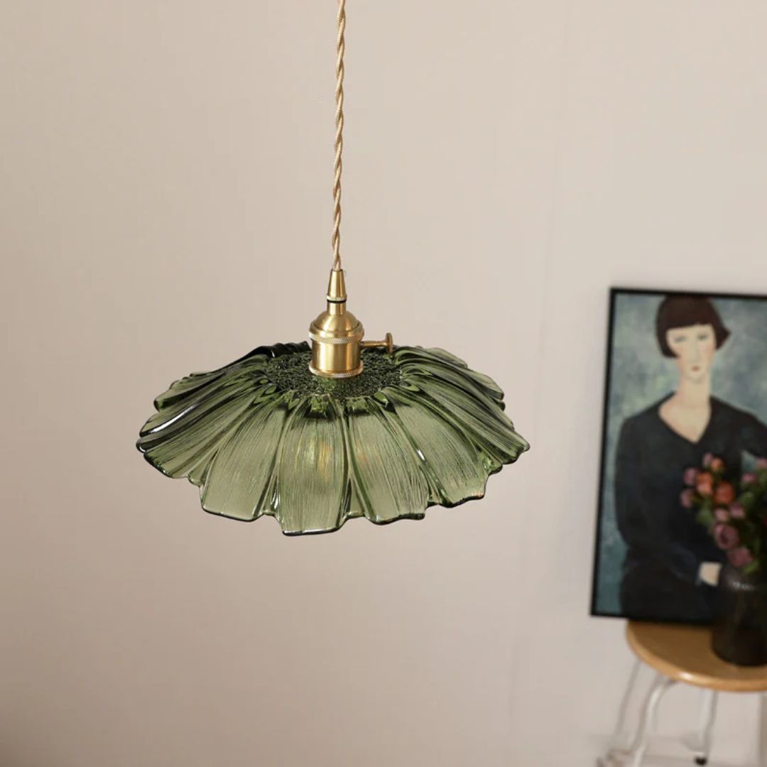 Ribbed Glass Pendant Light | Floral Form, Gold Fitting
