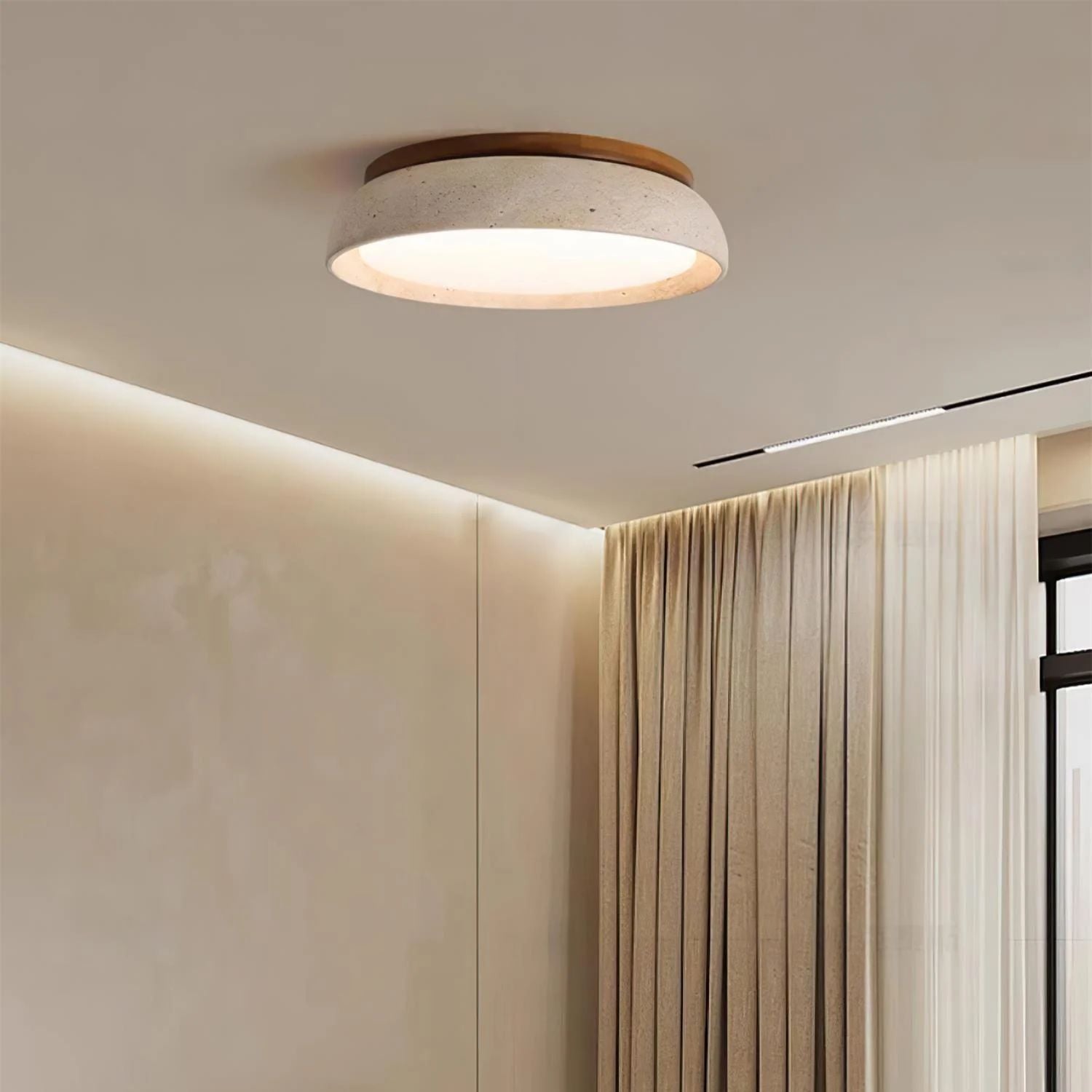 Travertine and Wood Ceiling Light | Japandi Style, 3000K Warm White