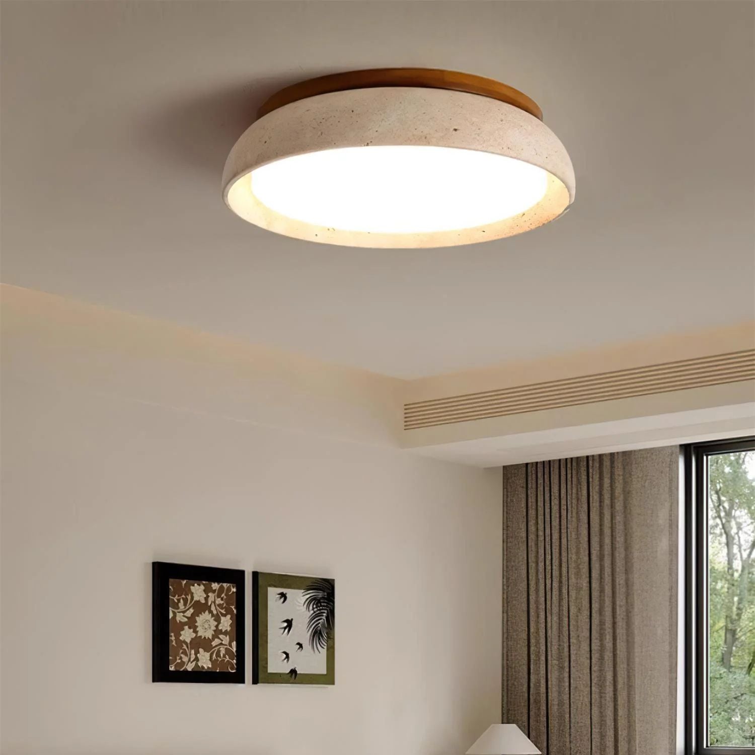 Travertine and Wood Ceiling Light | Japandi Style, 3000K Warm White