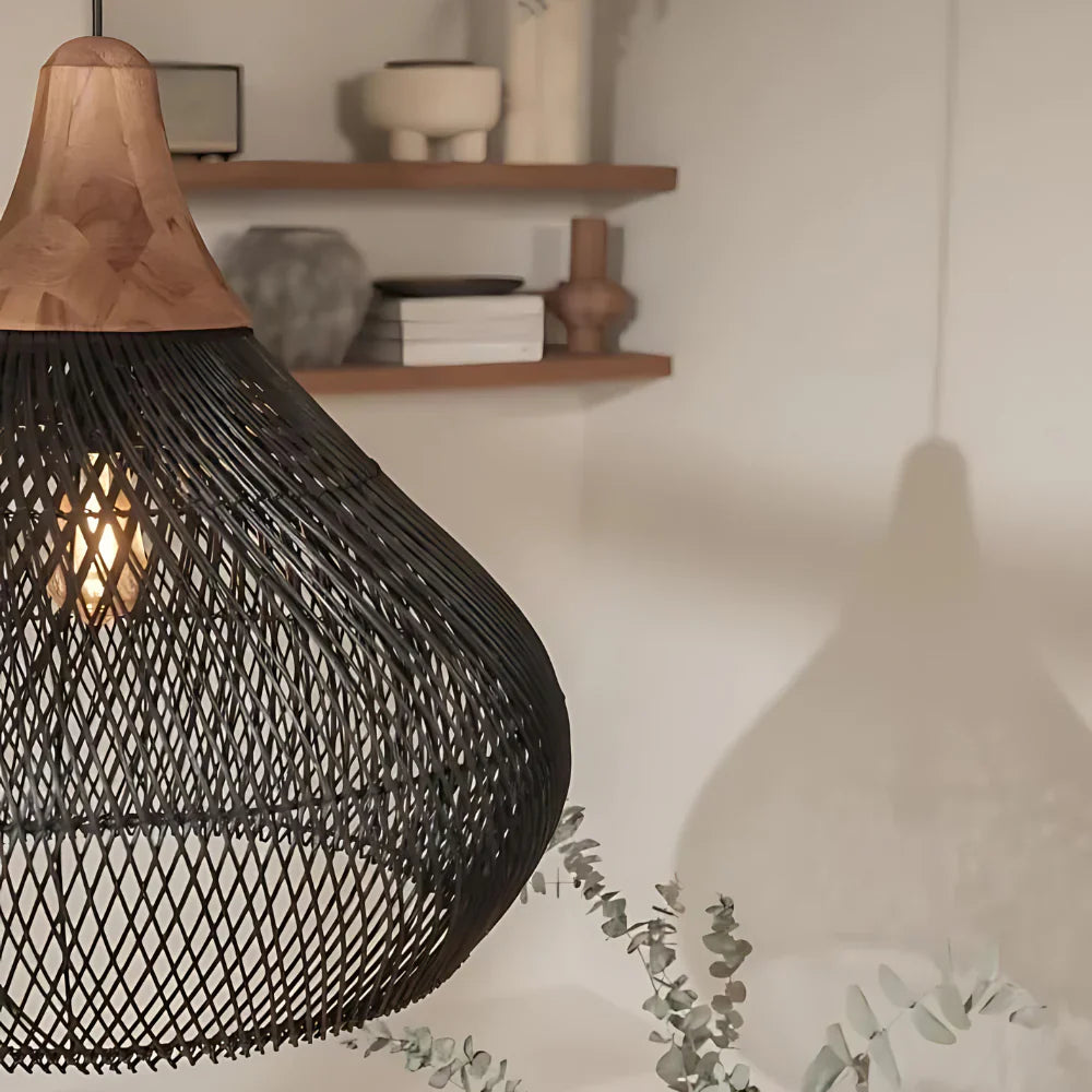 Rattan Pendant Light | Boho Handwoven, Natural or Black