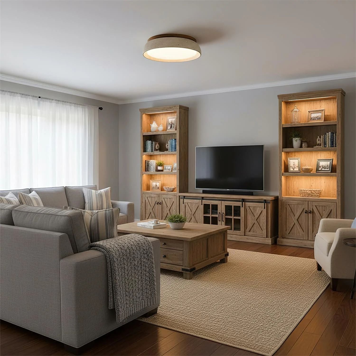 Travertine and Wood Ceiling Light | Japandi Style, 3000K Warm White