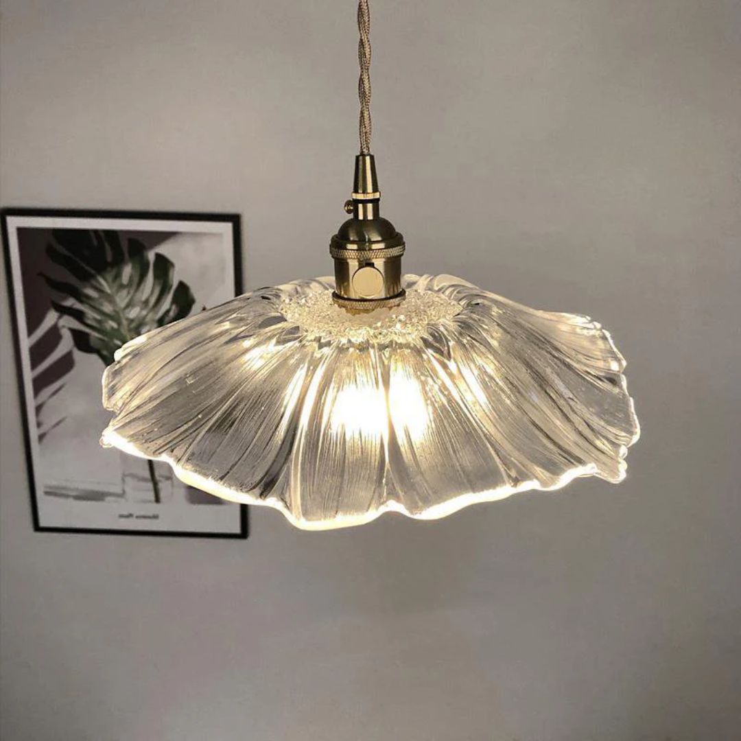 Ribbed Glass Pendant Light | Floral Form, Gold Fitting