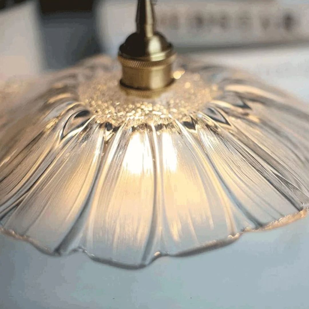 Ribbed Glass Pendant Light | Floral Form, Gold Fitting