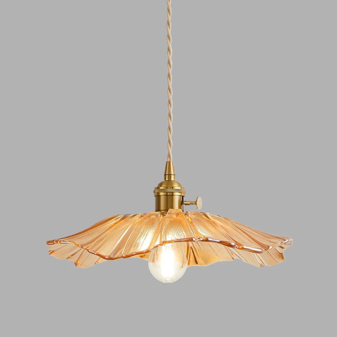 Ribbed Glass Pendant Light | Floral Form, Gold Fitting