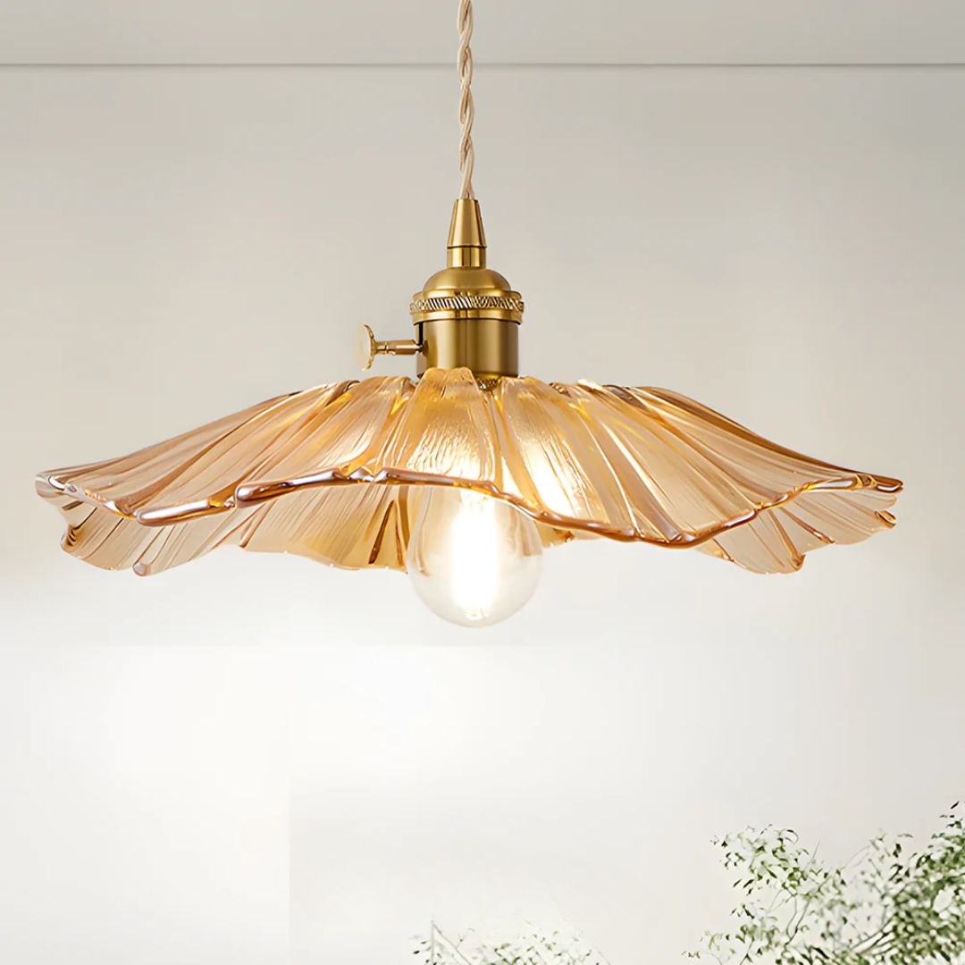 Ribbed Glass Pendant Light | Floral Form, Gold Fitting