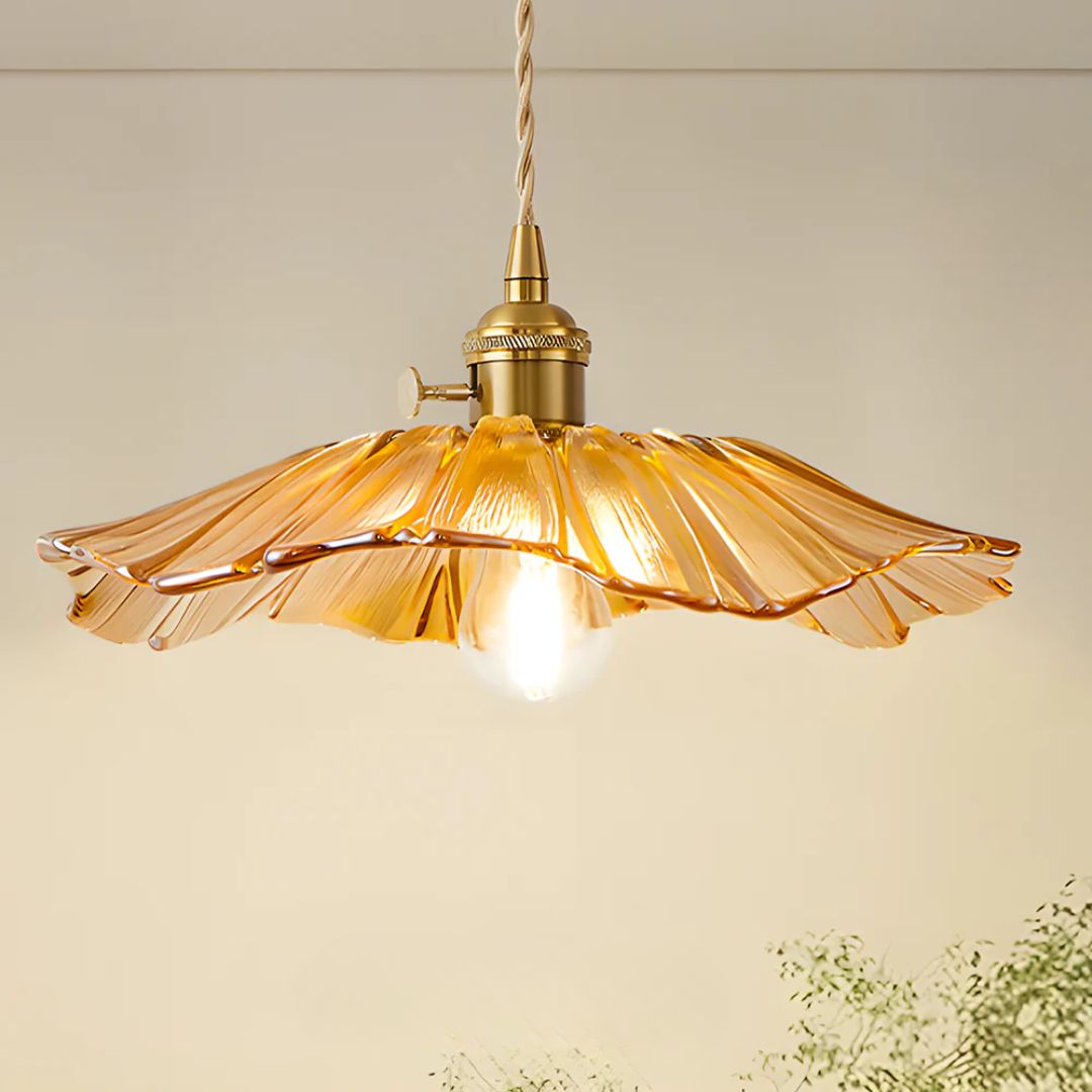 Ribbed Glass Pendant Light | Floral Form, Gold Fitting