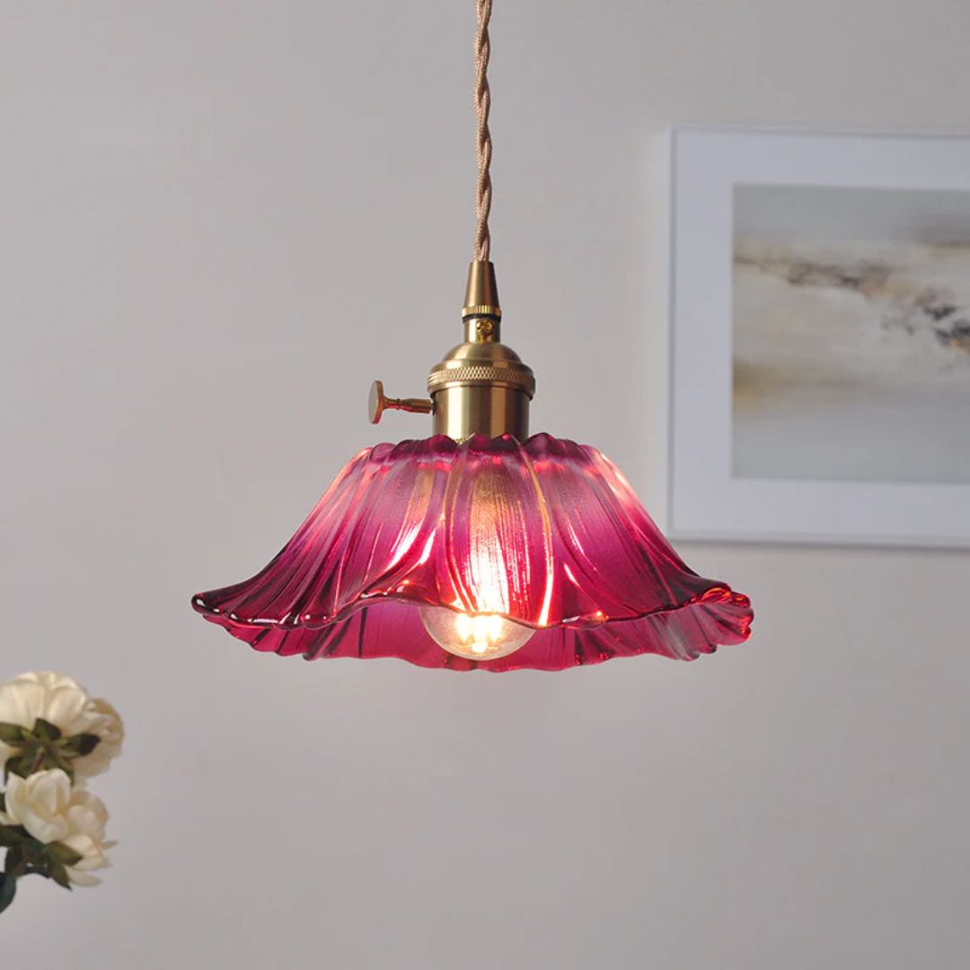 Ribbed Glass Pendant Light | Floral Form, Gold Fitting