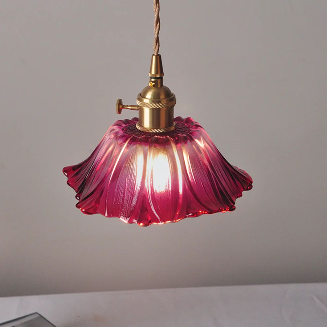Ribbed Glass Pendant Light | Floral Form, Gold Fitting