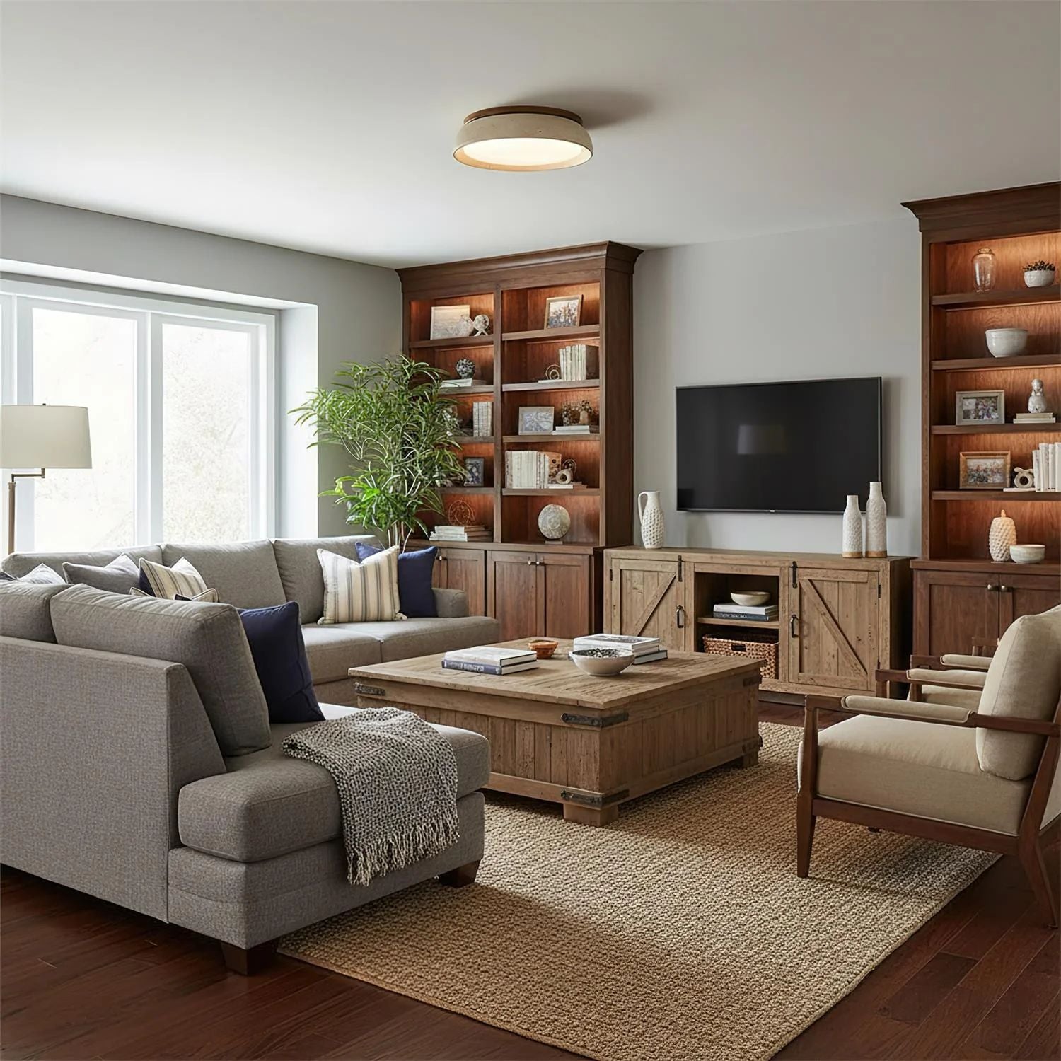 Travertine and Wood Ceiling Light | Japandi Style, 3000K Warm White