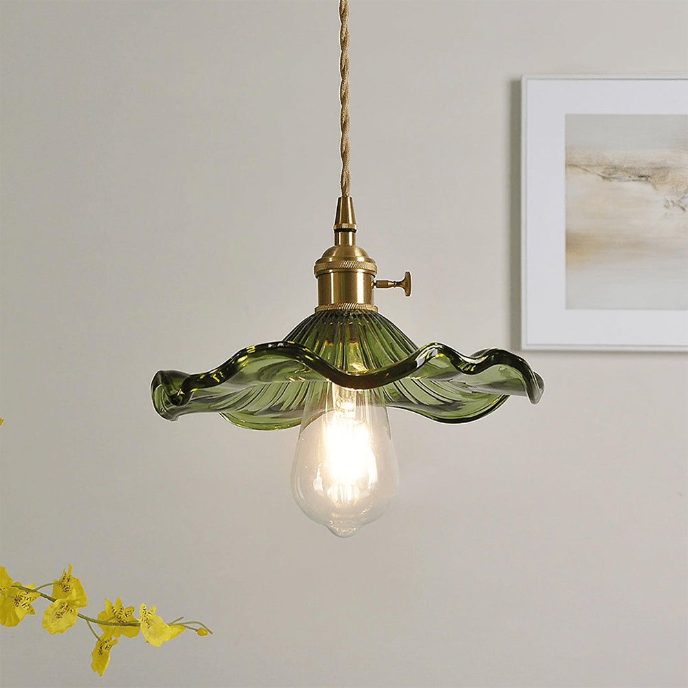 Hibiscus Flower Pendant Light | Floral Glass Shade, Brass Frame