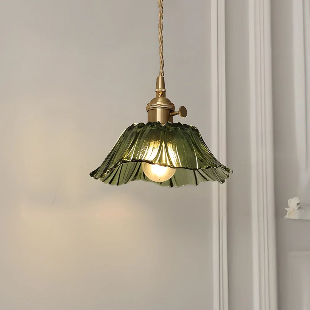 Ribbed Glass Pendant Light | Floral Form, Gold Fitting