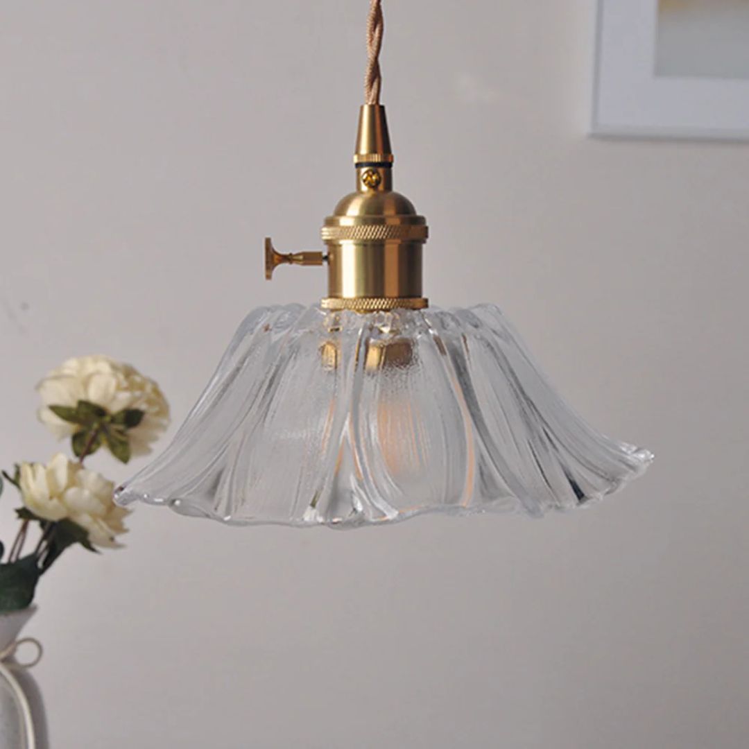 Ribbed Glass Pendant Light | Floral Form, Gold Fitting