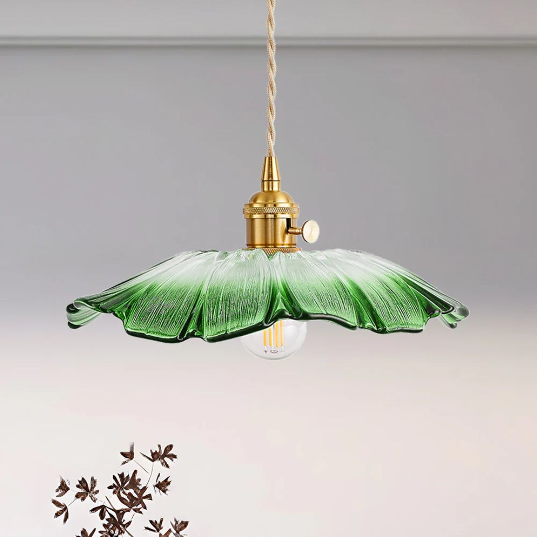 Ribbed Glass Pendant Light | Floral Form, Gold Fitting