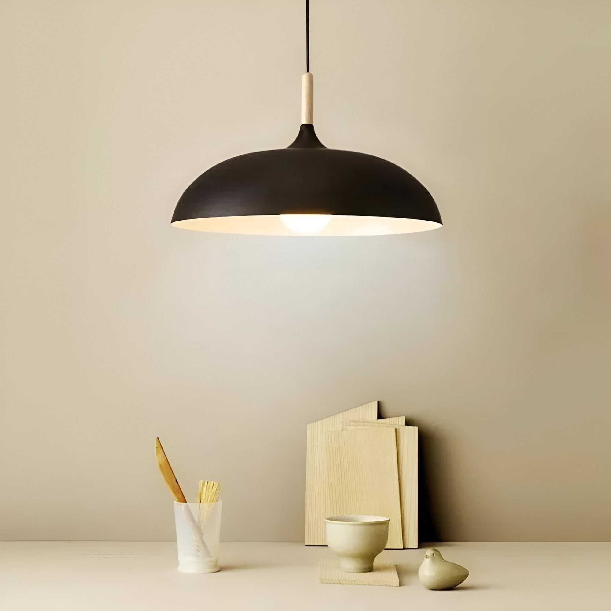 Wood and Iron Pendant Light | Japandi Style, E27, 4 Sizes