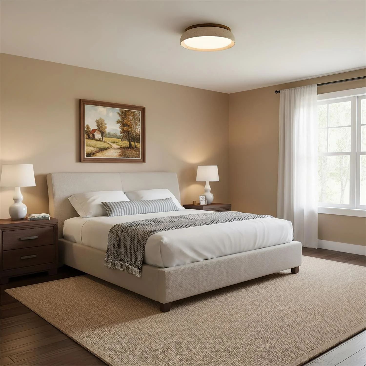Travertine and Wood Ceiling Light | Japandi Style, 3000K Warm White