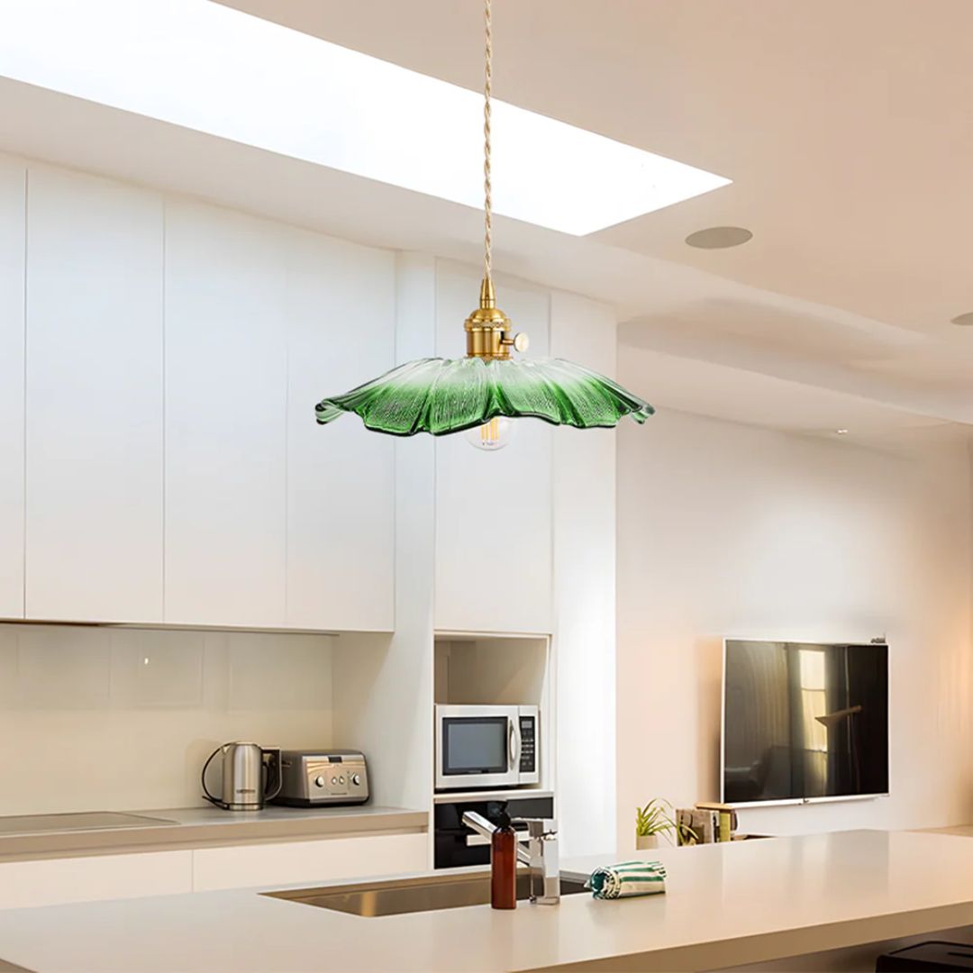 Ribbed Glass Pendant Light | Floral Form, Gold Fitting