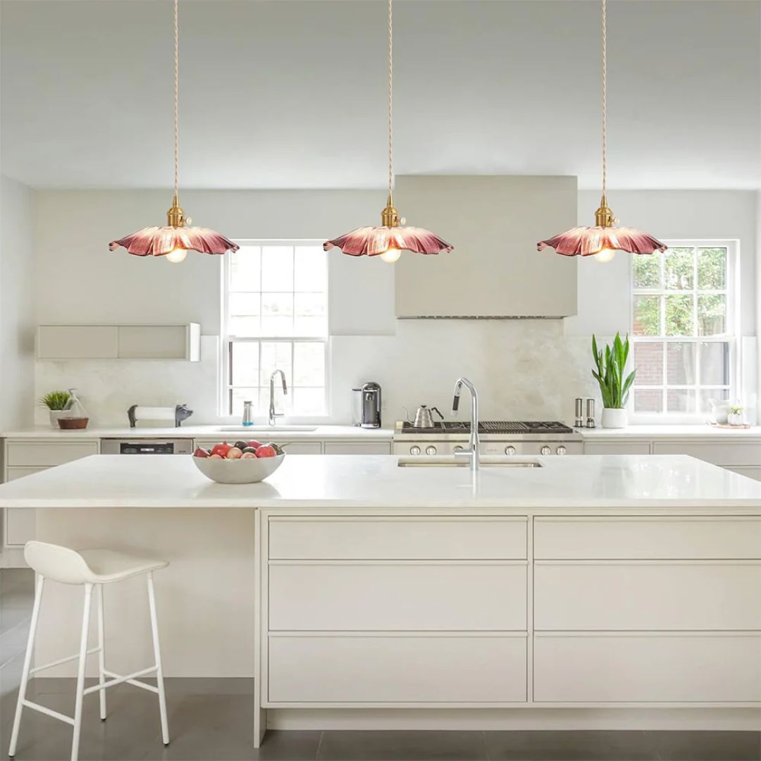 Ribbed Glass Pendant Light | Floral Form, Gold Fitting