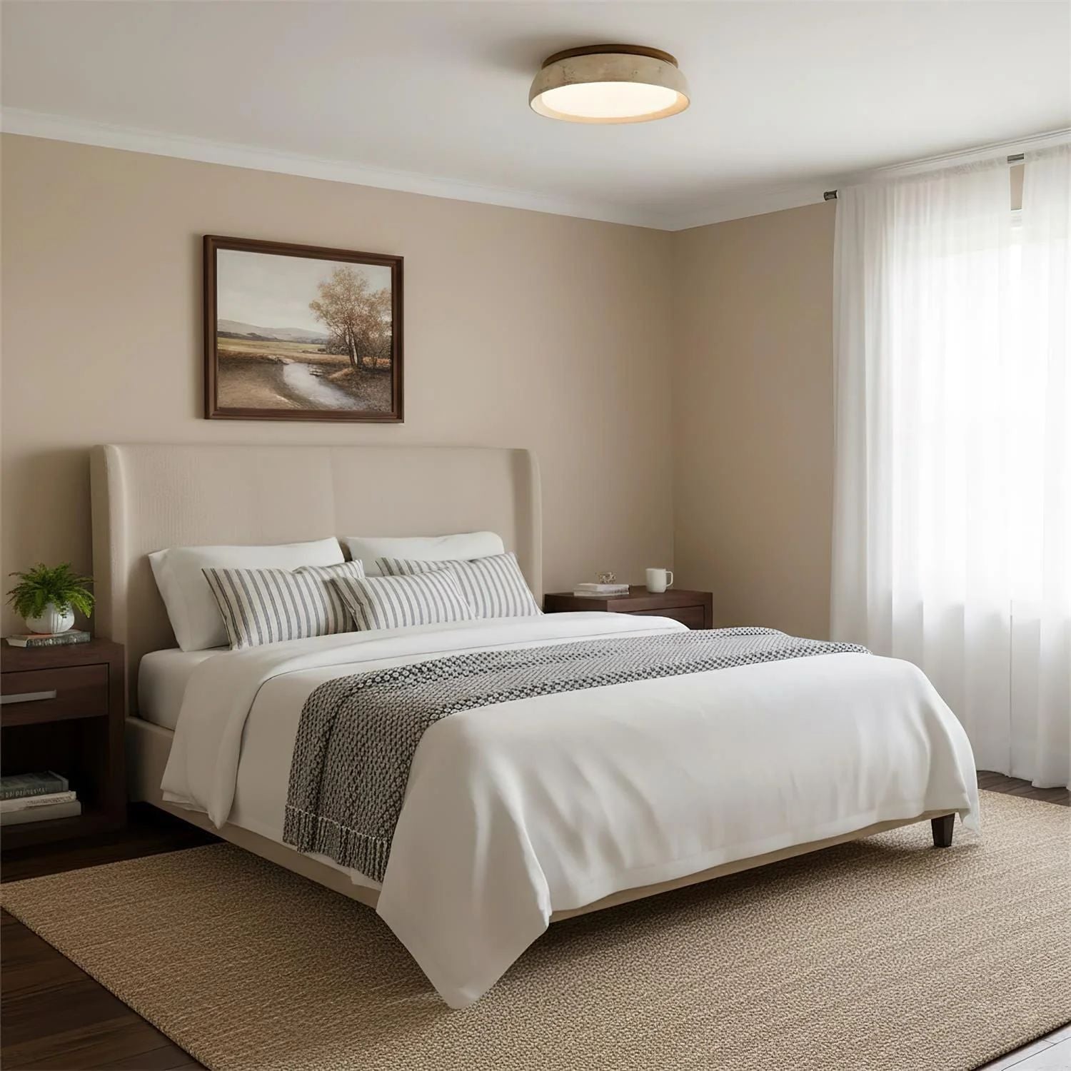 Travertine and Wood Ceiling Light | Japandi Style, 3000K Warm White