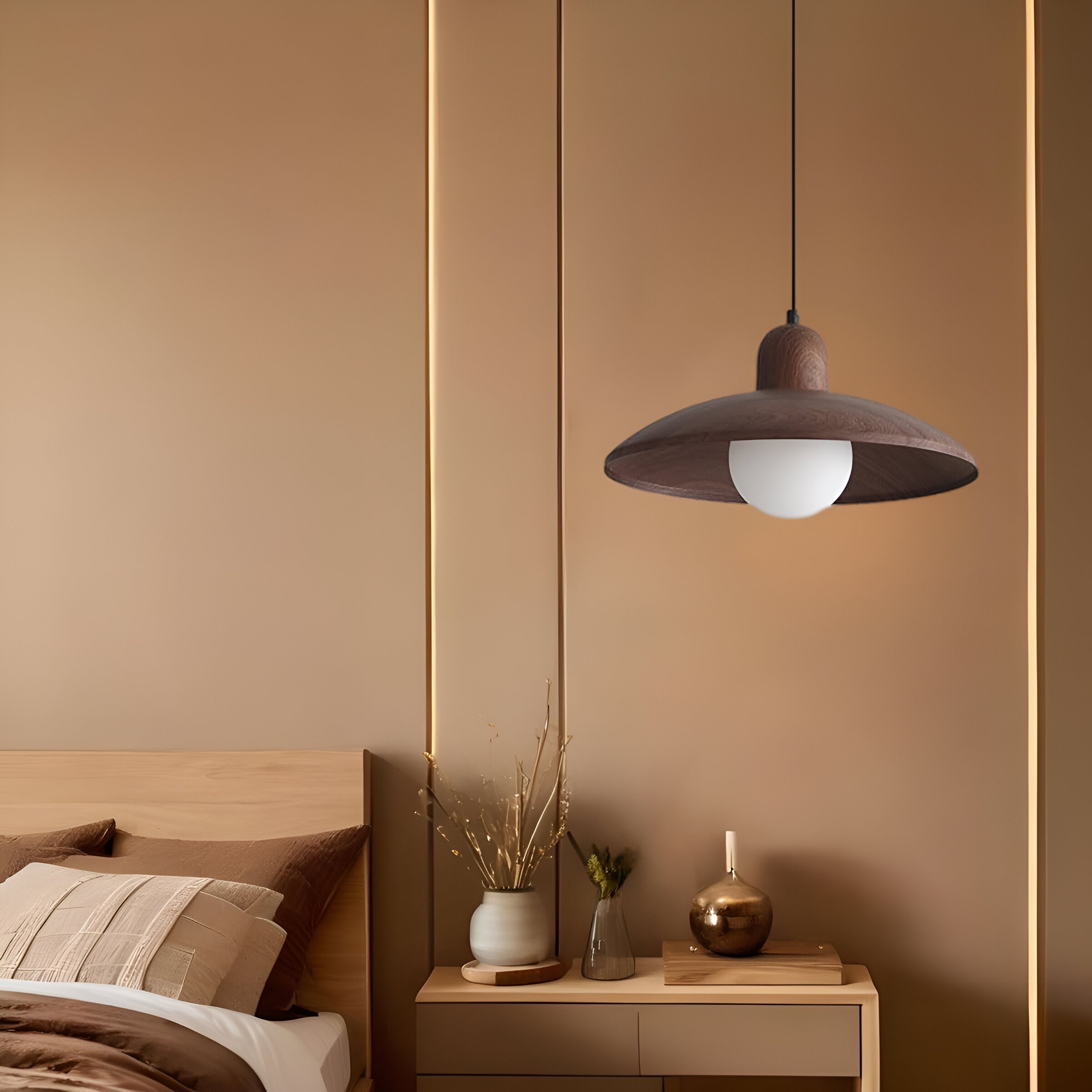 Wabi-Sabi Walnut Pendant Light | Japandi Style, E27 Warm White