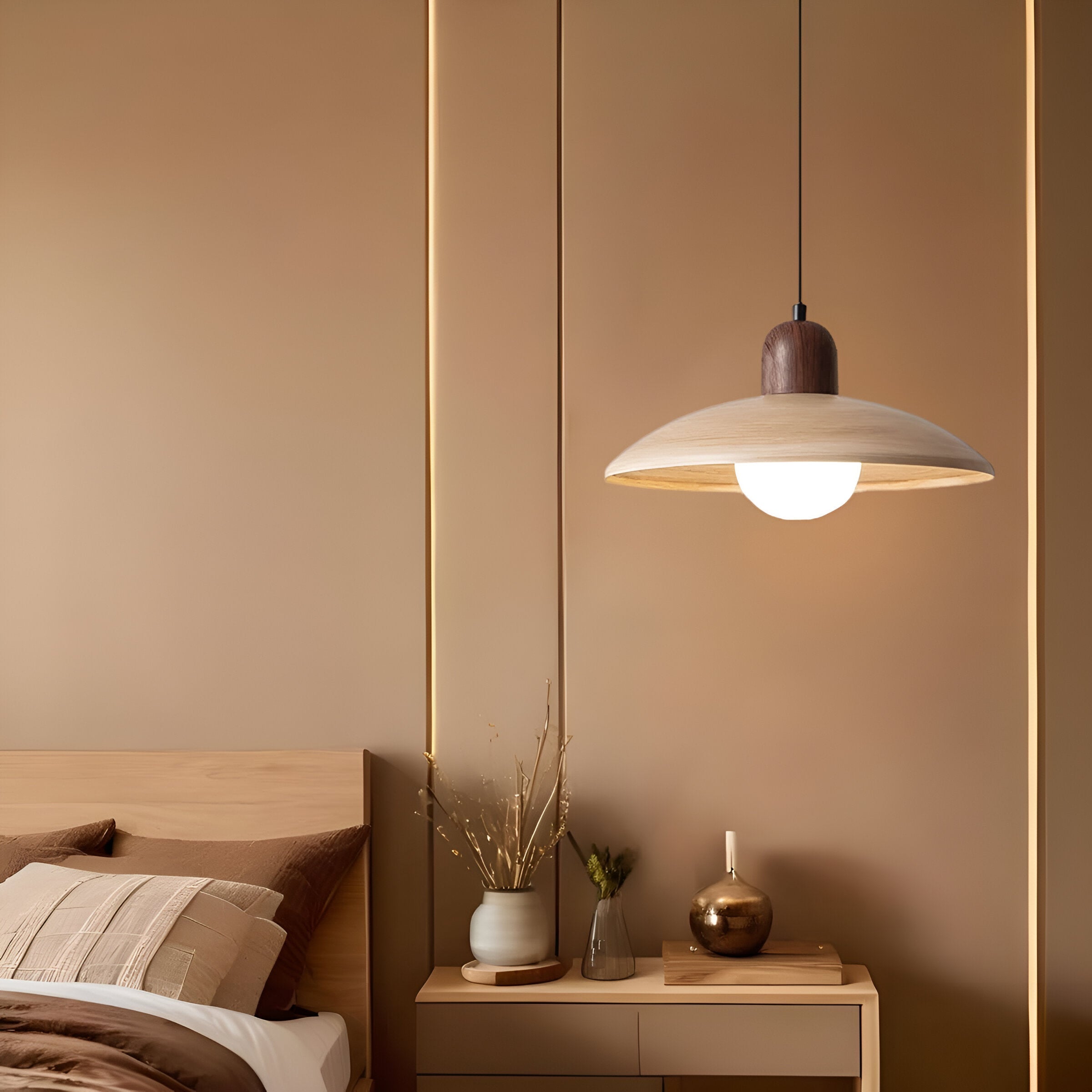 Wabi-Sabi Walnut Pendant Light | Japandi Style, E27 Warm White