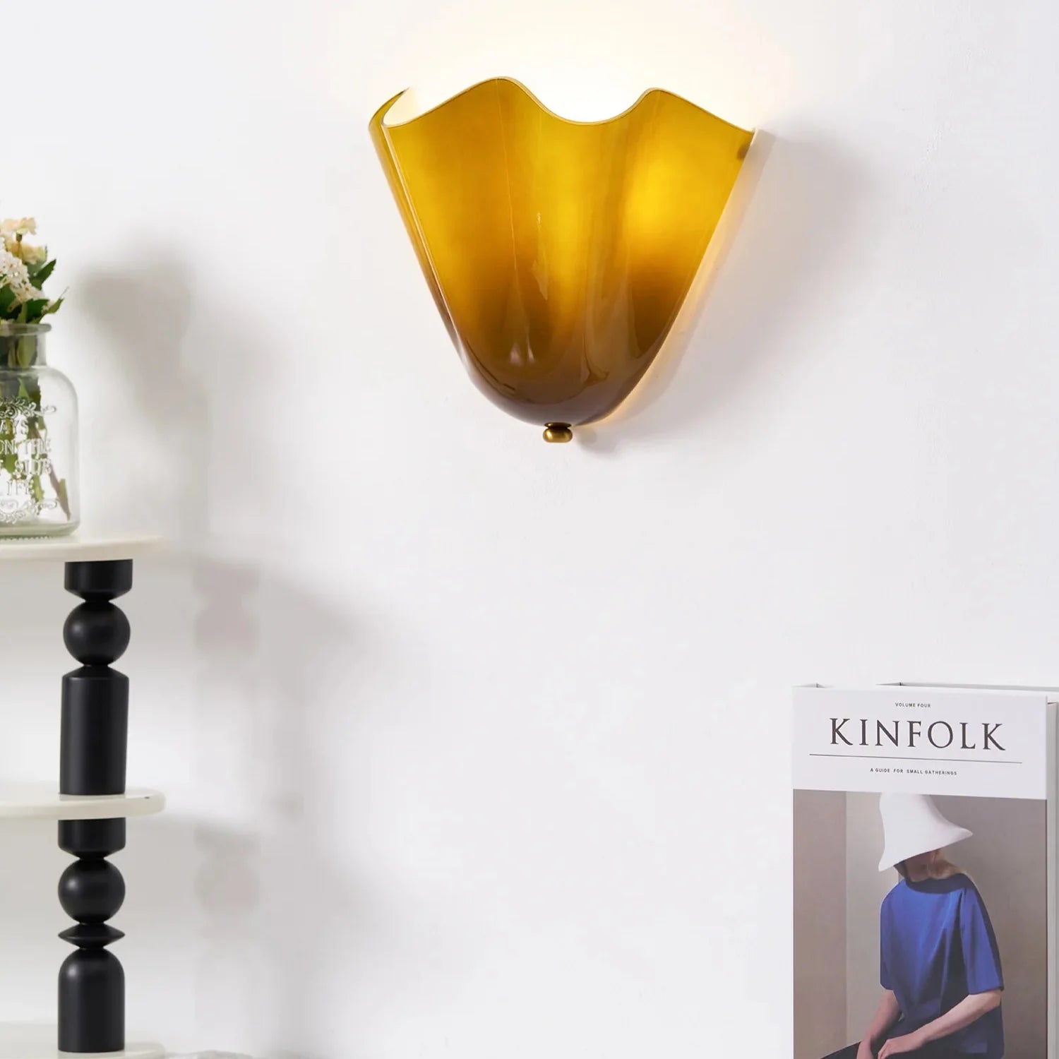 Retro Glass Shell Wall Sconce | French Art Deco Style, Iron Base