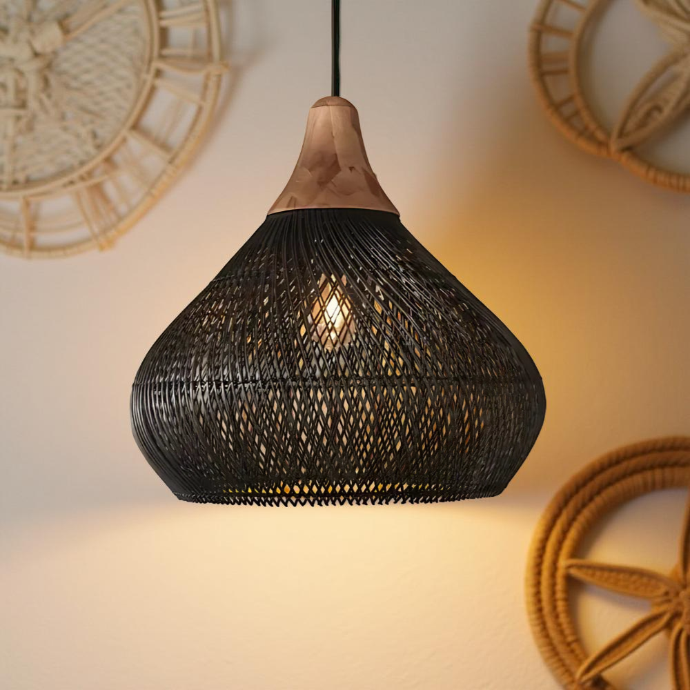 Rattan Pendant Light | Boho Handwoven, Natural or Black