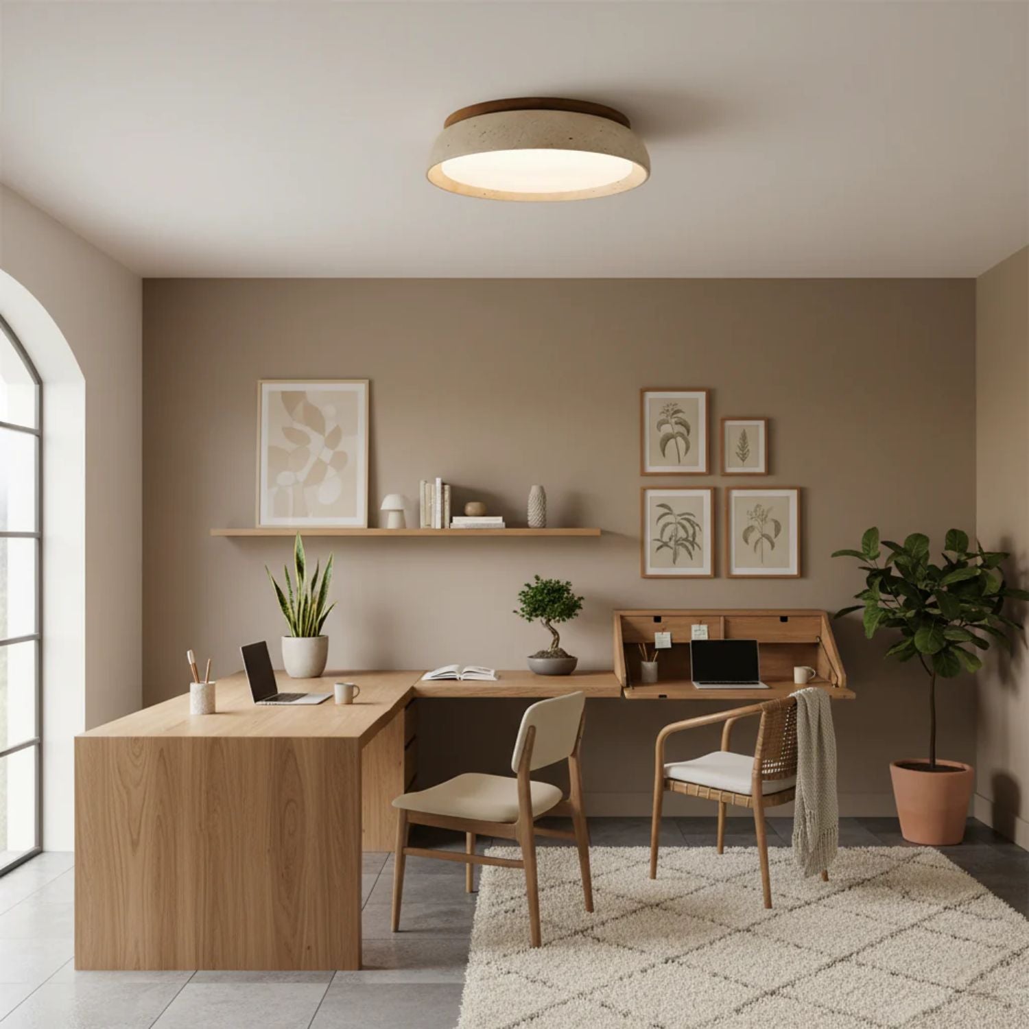 Travertine and Wood Ceiling Light | Japandi Style, 3000K Warm White