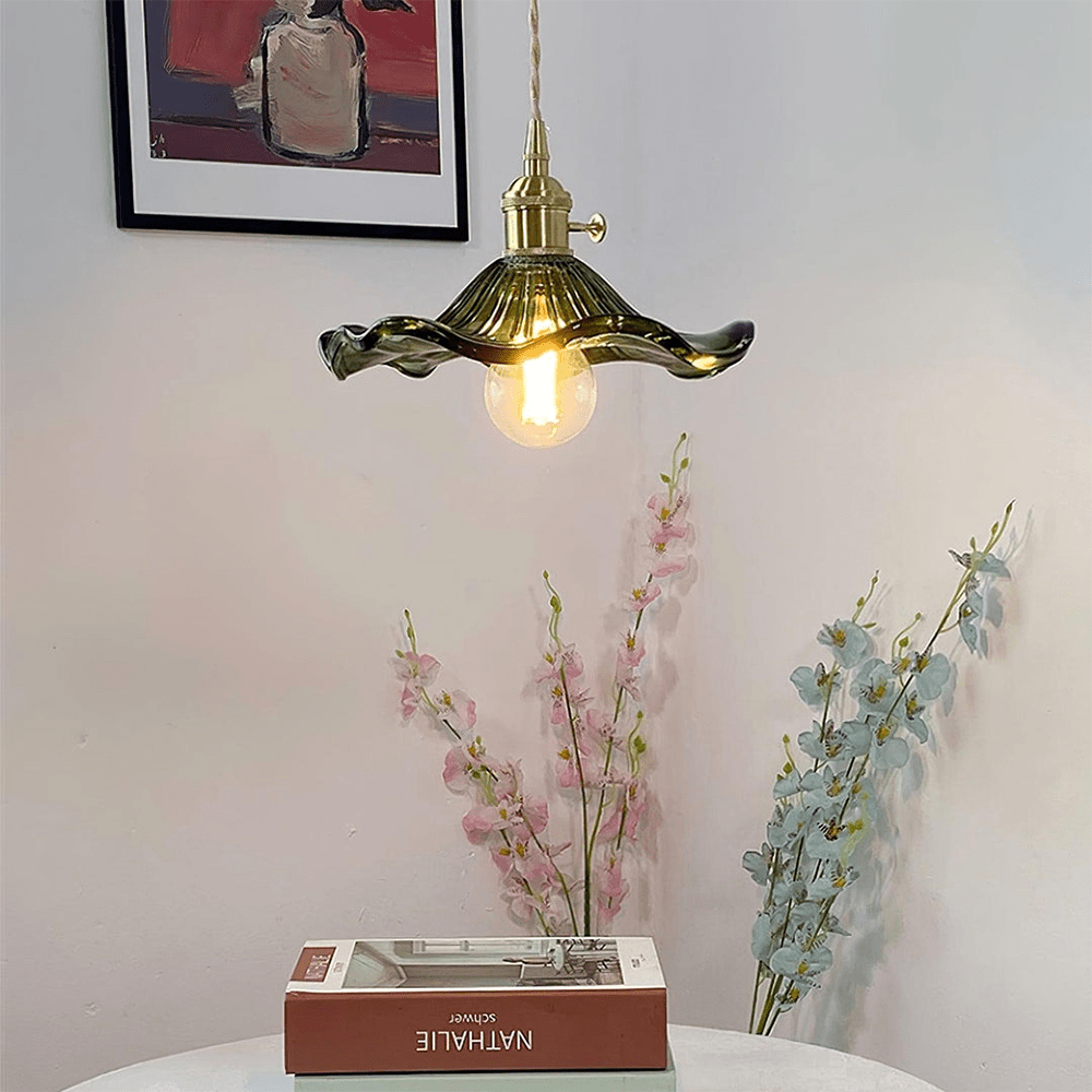 Hibiscus Flower Pendant Light | Floral Glass Shade, Brass Frame