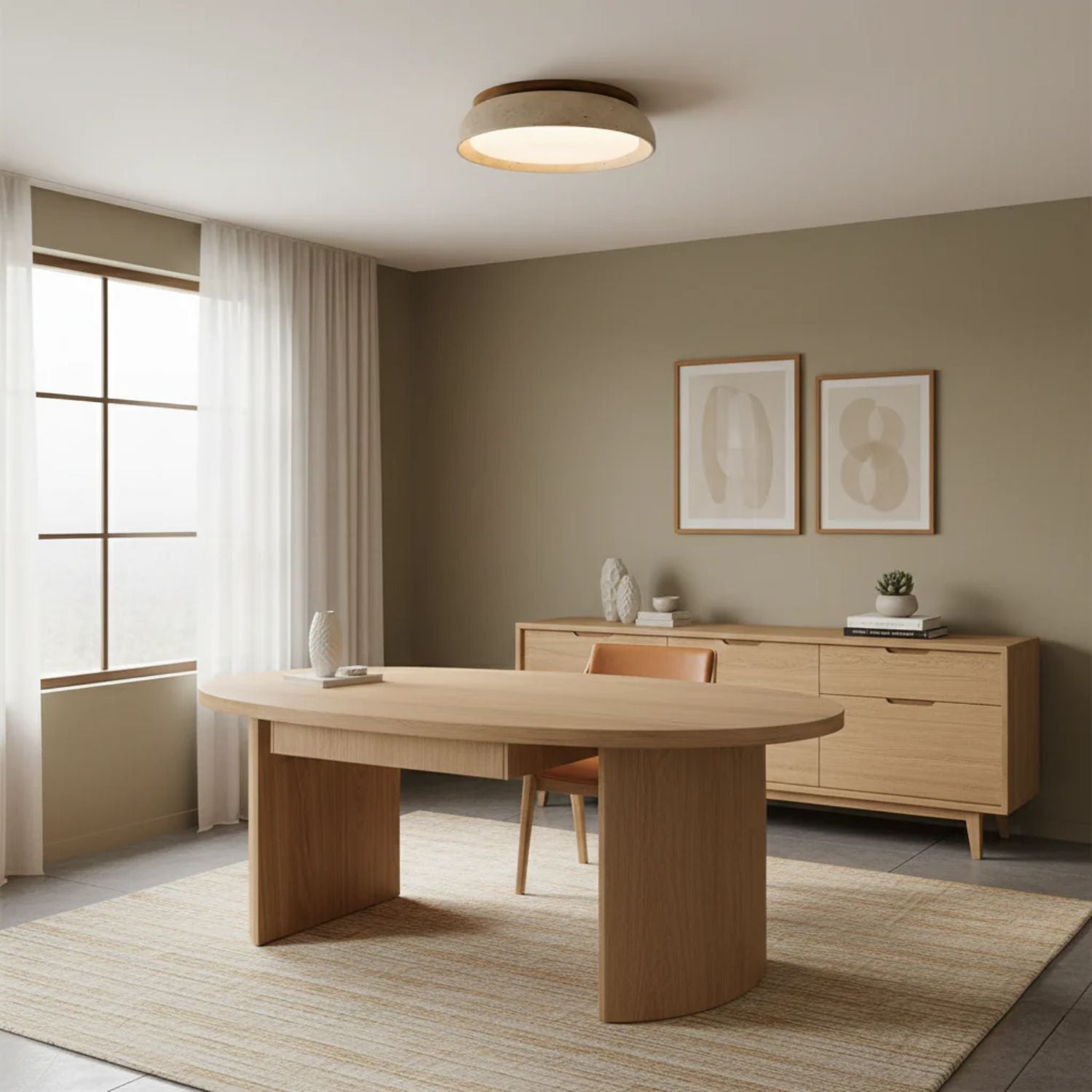 Travertine and Wood Ceiling Light | Japandi Style, 3000K Warm White