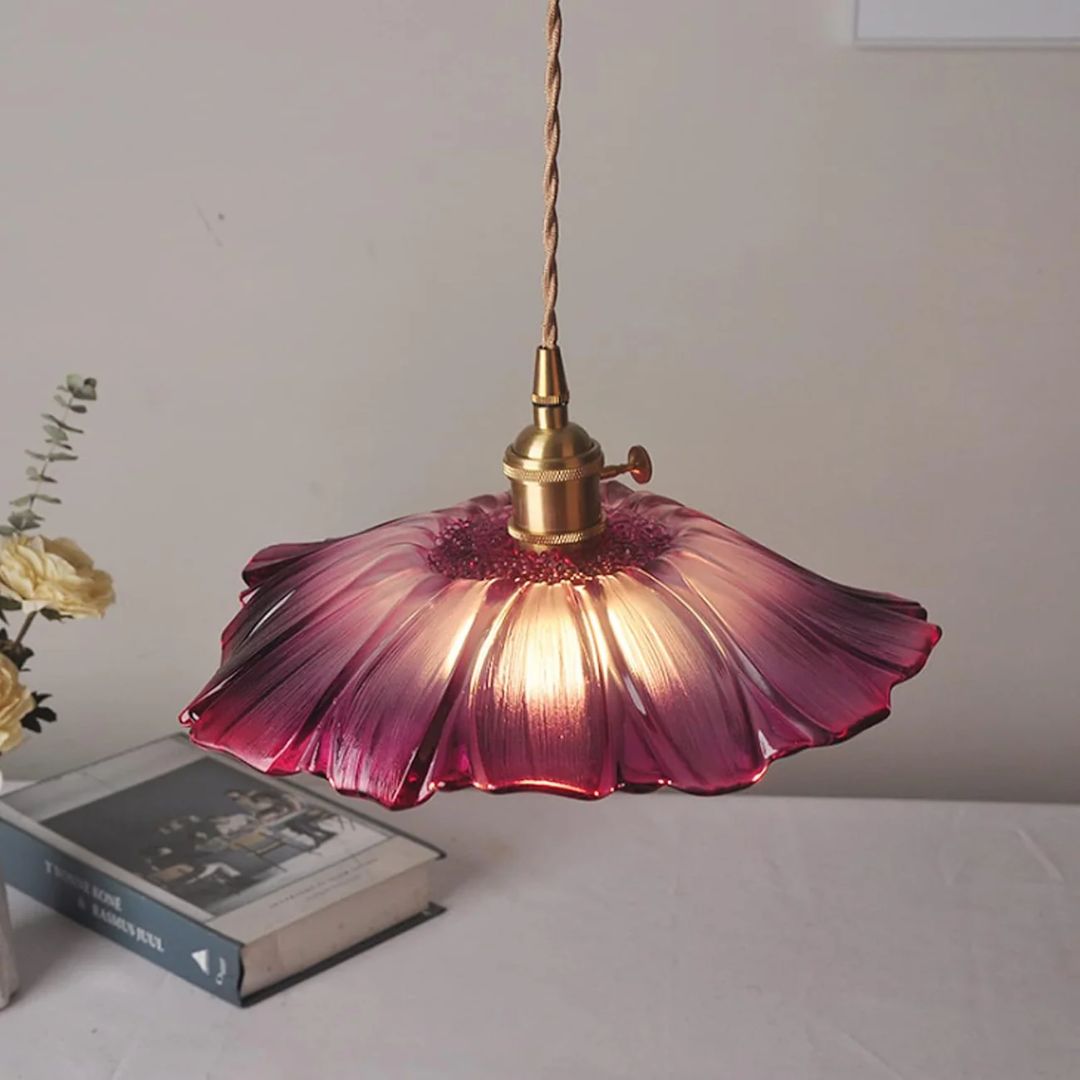 Ribbed Glass Pendant Light | Floral Form, Gold Fitting
