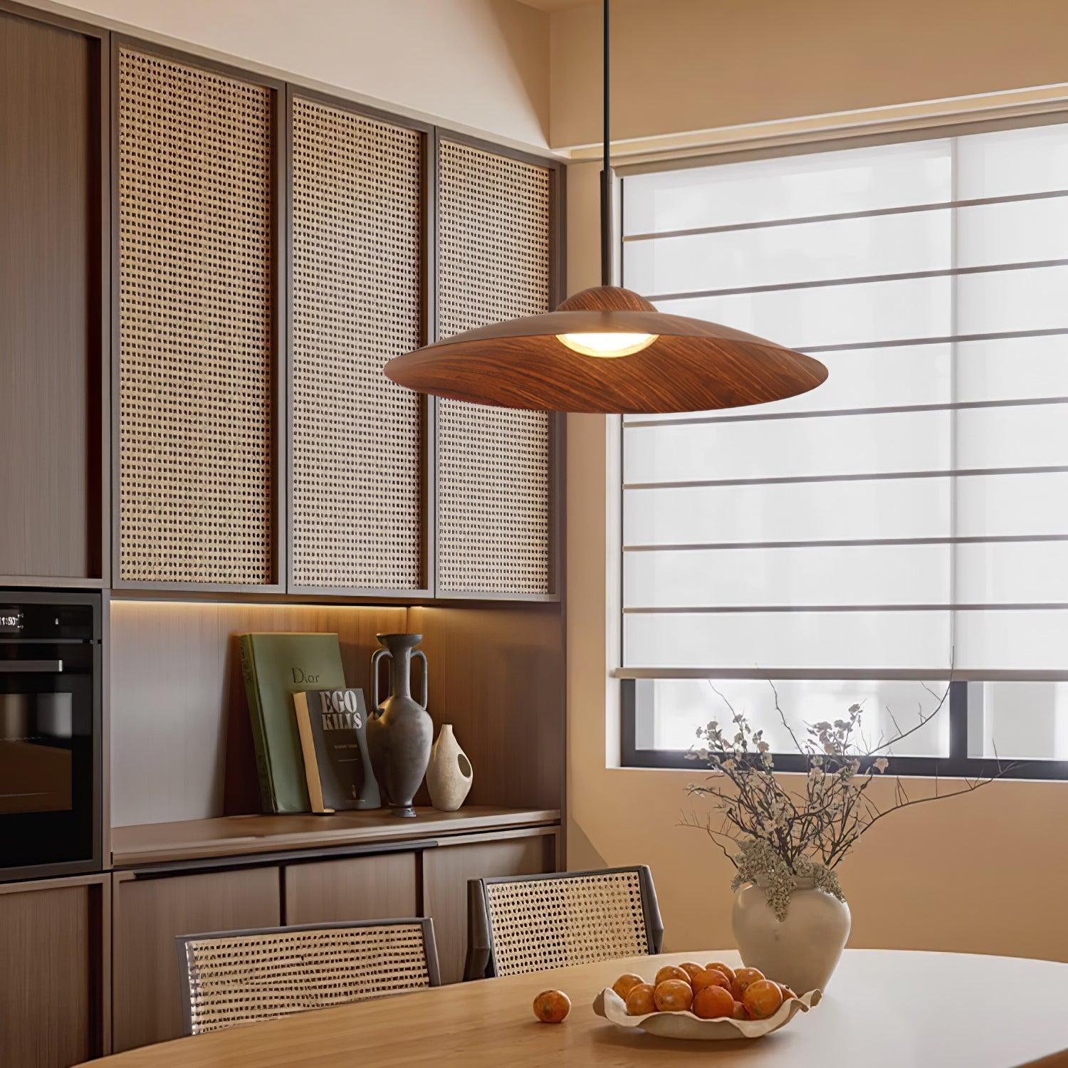 Round Pendant Light | Japandi Wood-Look, Integrated LED