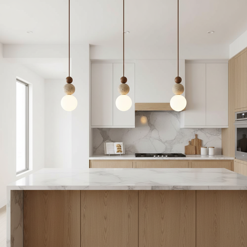 Travertine Pendant Light | Natural Stone, Walnut & Opal Glass