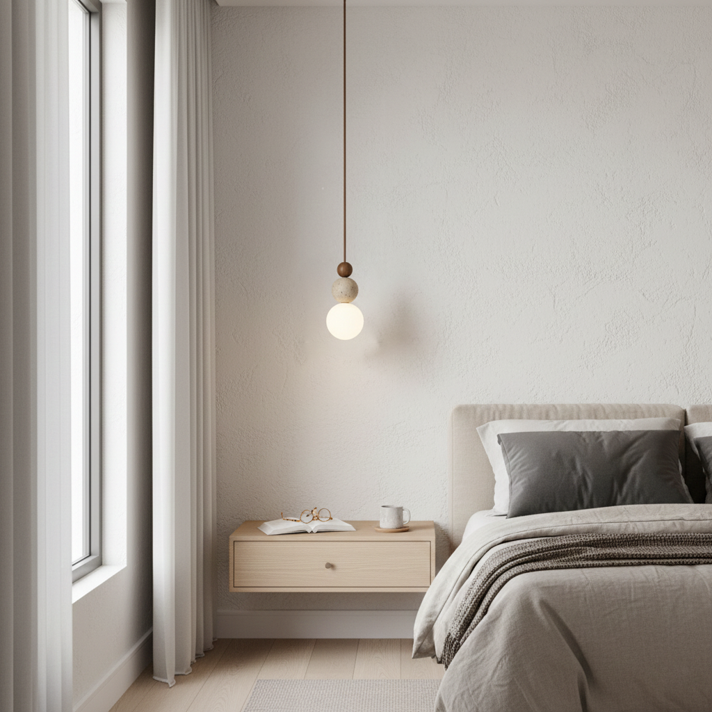 Travertine Pendant Light | Natural Stone, Walnut & Opal Glass