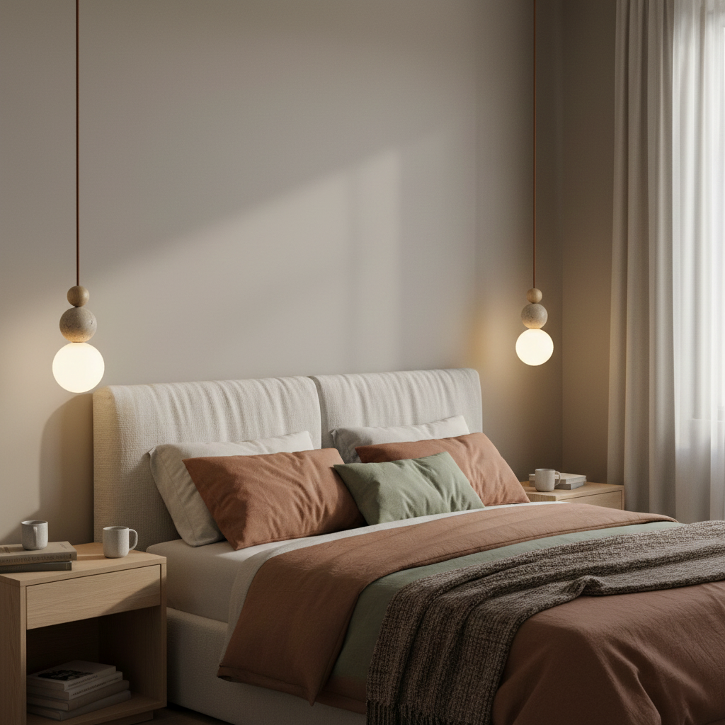 Travertine Pendant Light | Natural Stone, Walnut & Opal Glass