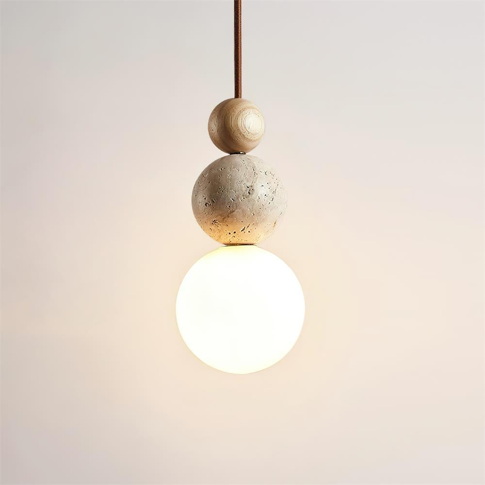 Travertine Pendant Light | Natural Stone, Walnut & Opal Glass