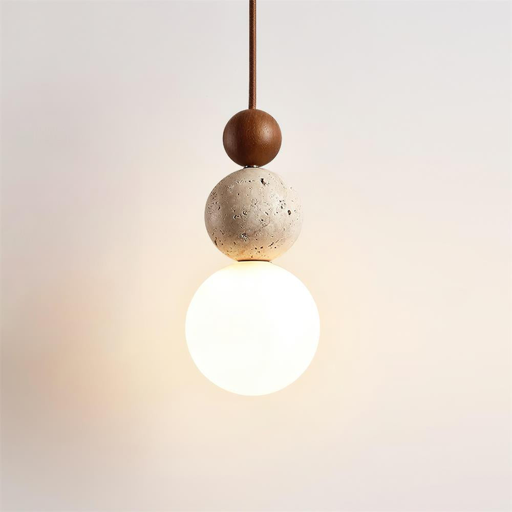 Travertine Pendant Light | Natural Stone, Walnut & Opal Glass