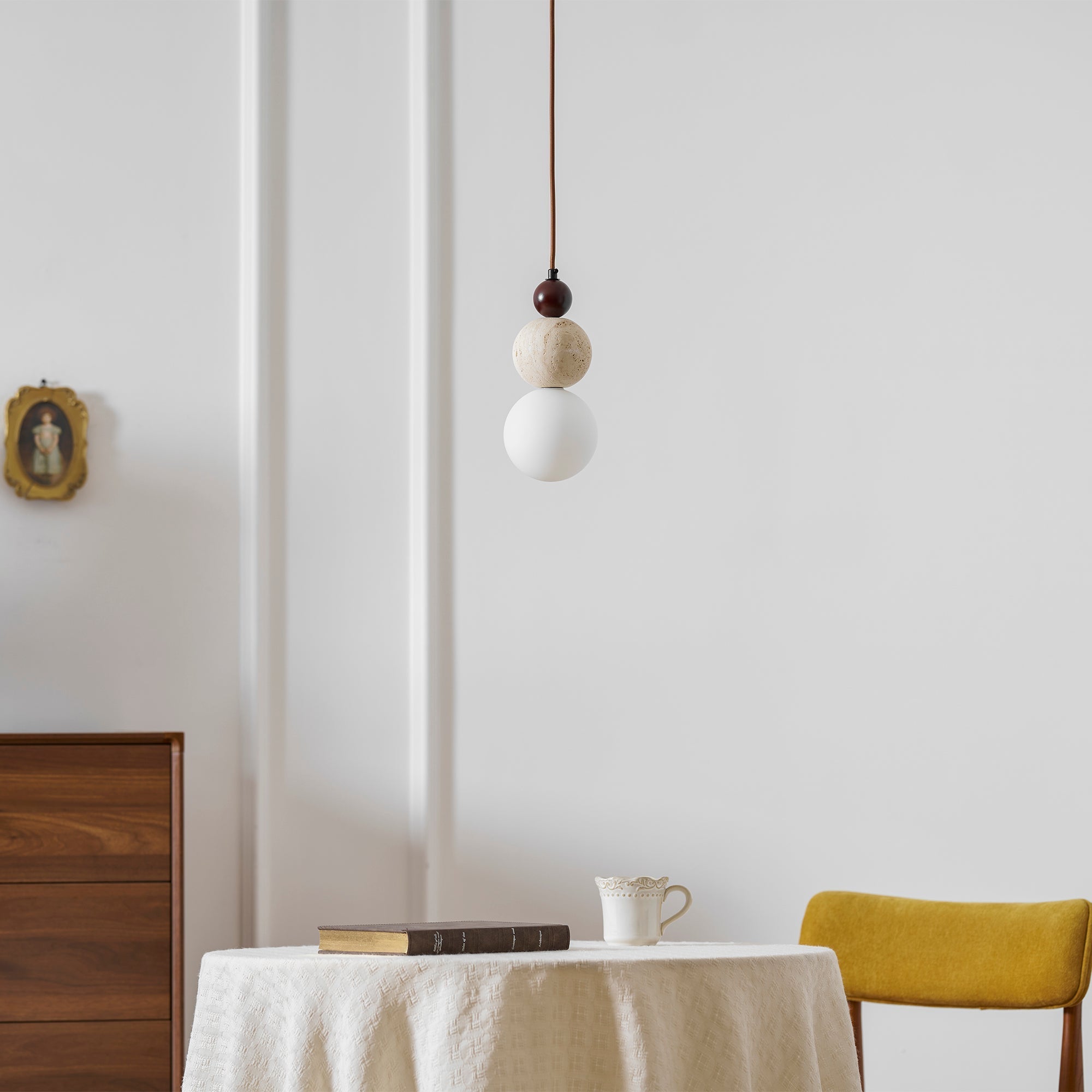 Travertine Pendant Light | Natural Stone, Walnut & Opal Glass