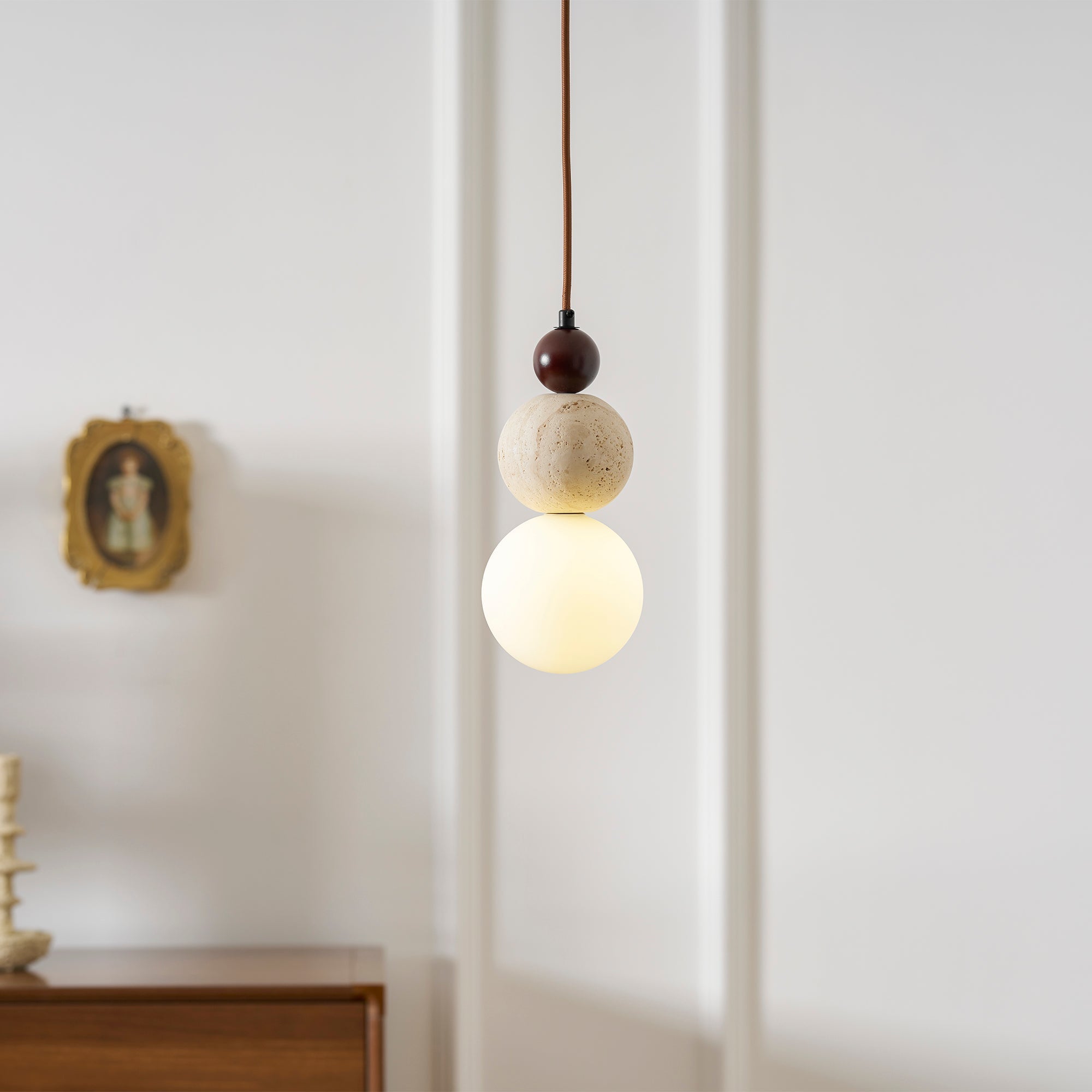 Travertine Pendant Light | Natural Stone, Walnut & Opal Glass