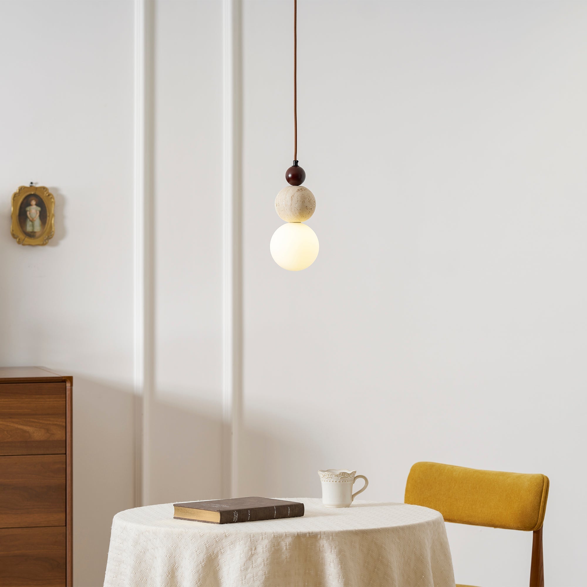 Travertine Pendant Light | Natural Stone, Walnut & Opal Glass