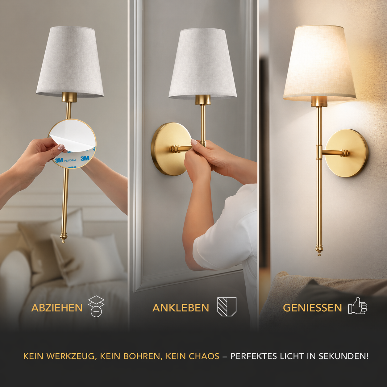 Wireless Wall Sconces | Set of 2, Fabric Shade, No Hardwiring
