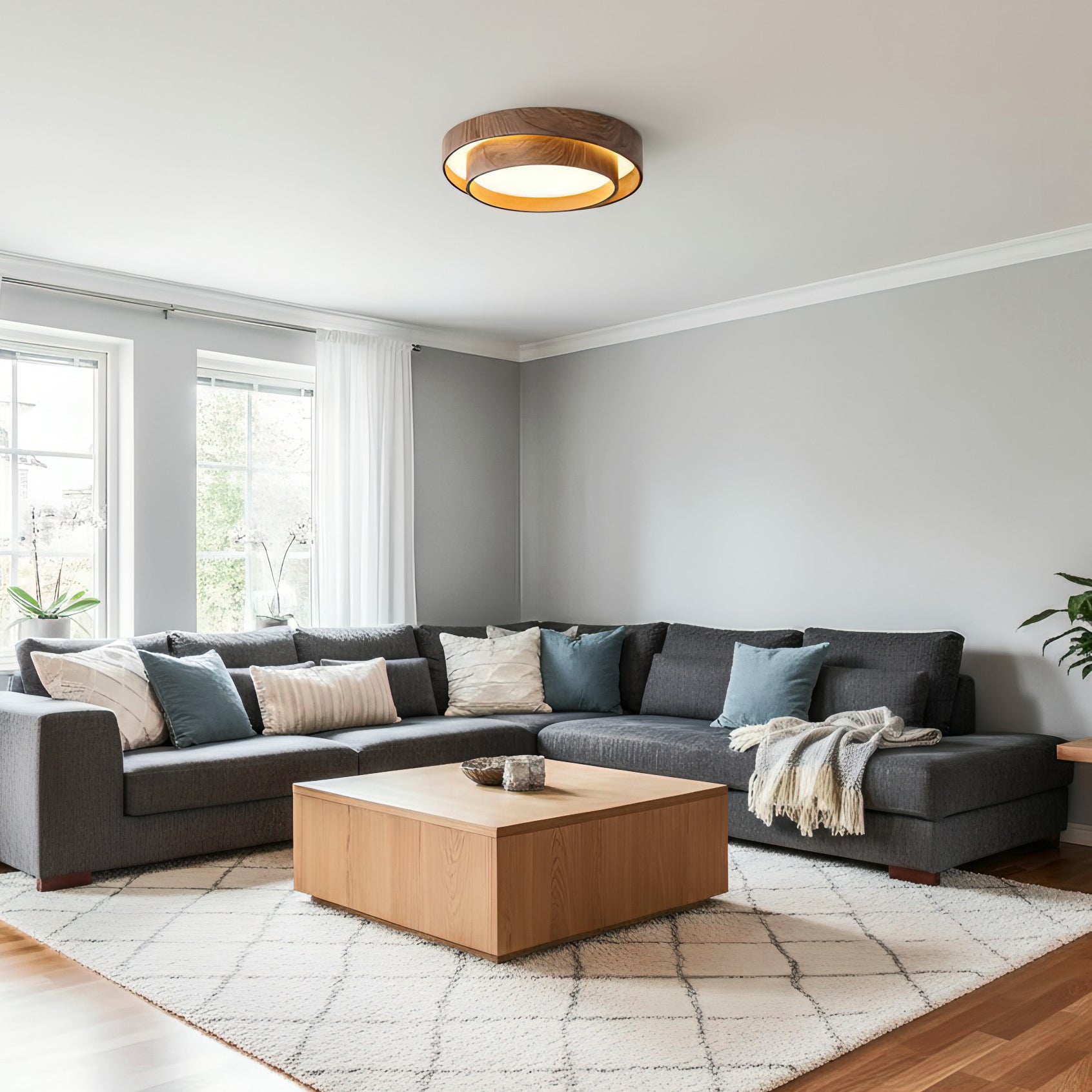 Round Walnut LED Ceiling Light | Japandi Style, Dimmable